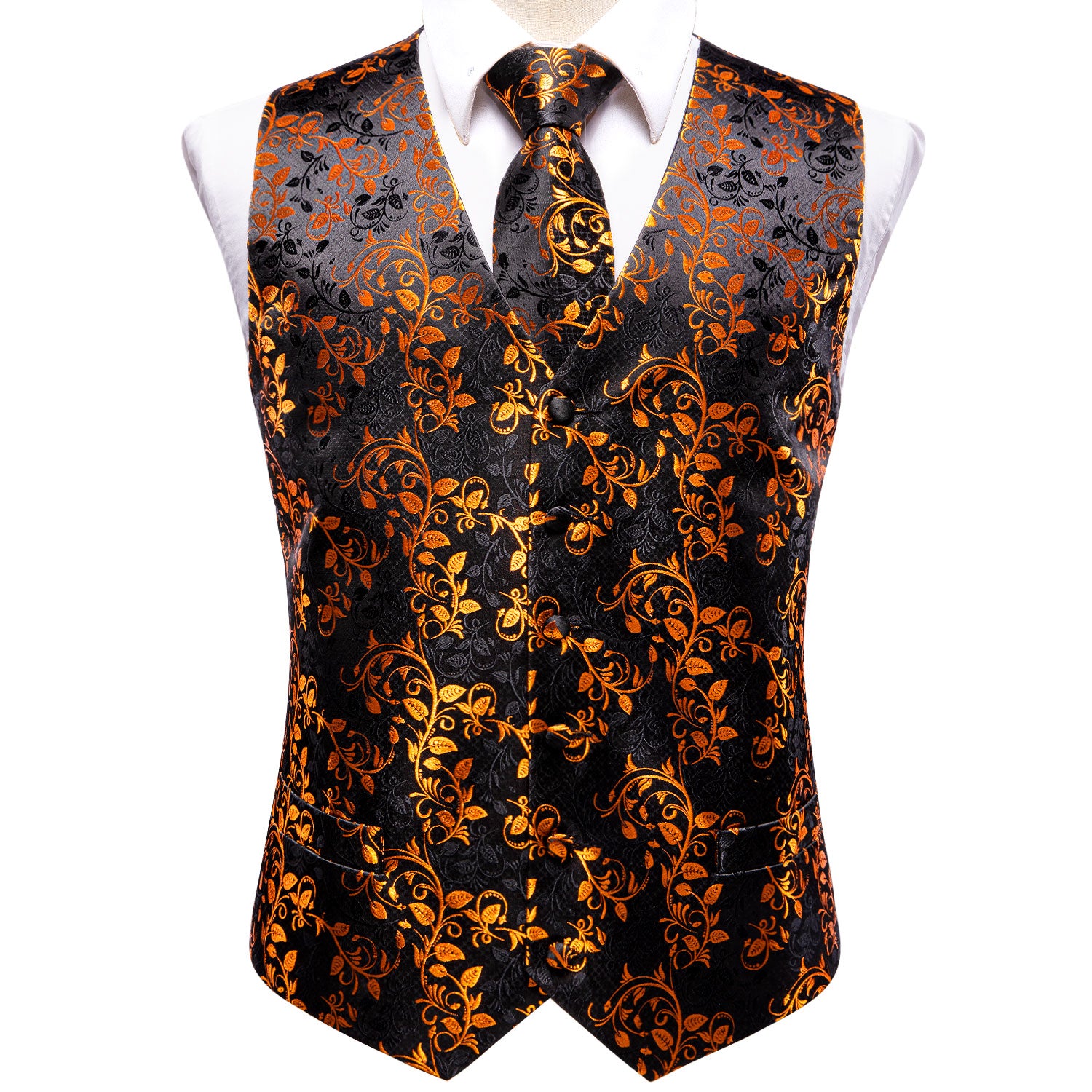 Black Golden Leaves Silk Men's Vest Hanky Cufflinks Tie Set Waistcoat Suit Set