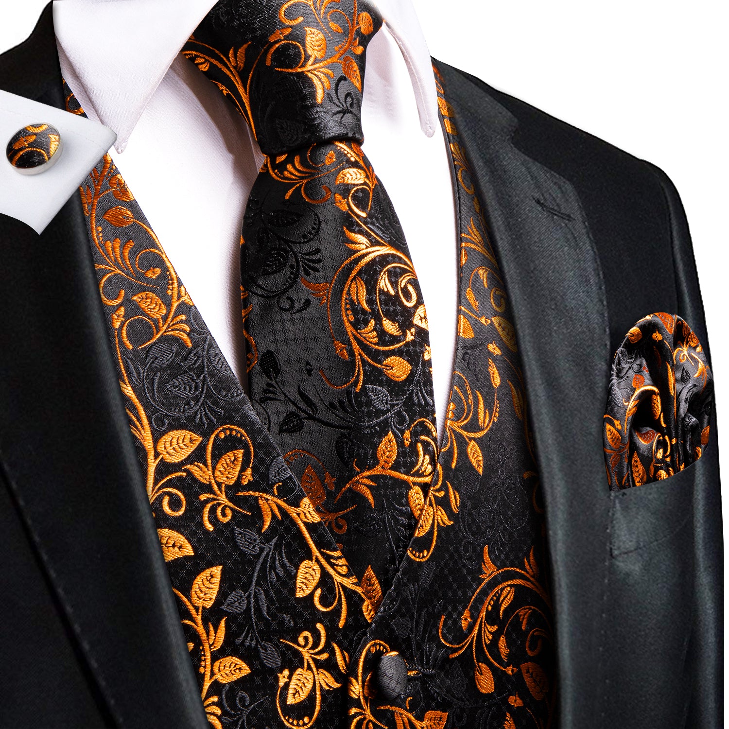 Black Golden Leaves Silk Men's Vest Hanky Cufflinks Tie Set Waistcoat Suit Set