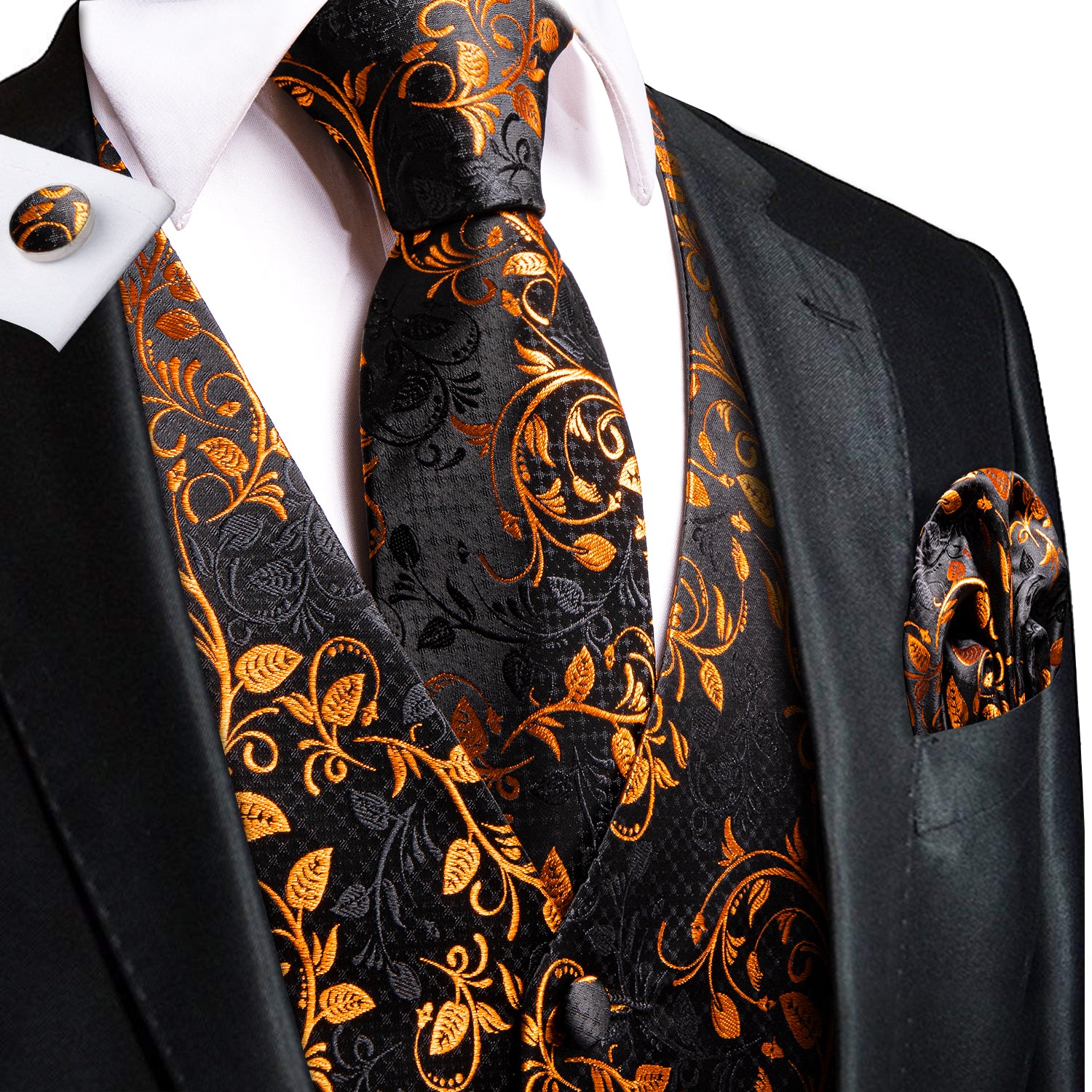 Hi-Tie Black Golden Leaves Silk Men's Vest Hanky Cufflinks Tie Set