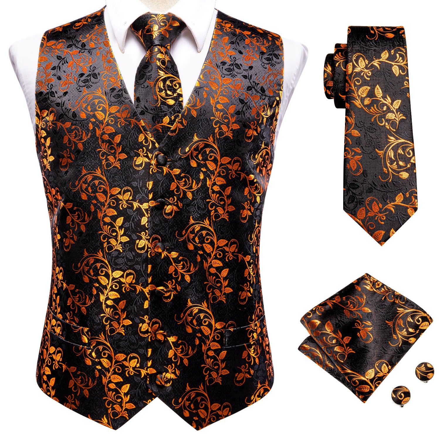 Black Golden Leaves Silk Men's Vest Hanky Cufflinks Tie Set Waistcoat Suit Set