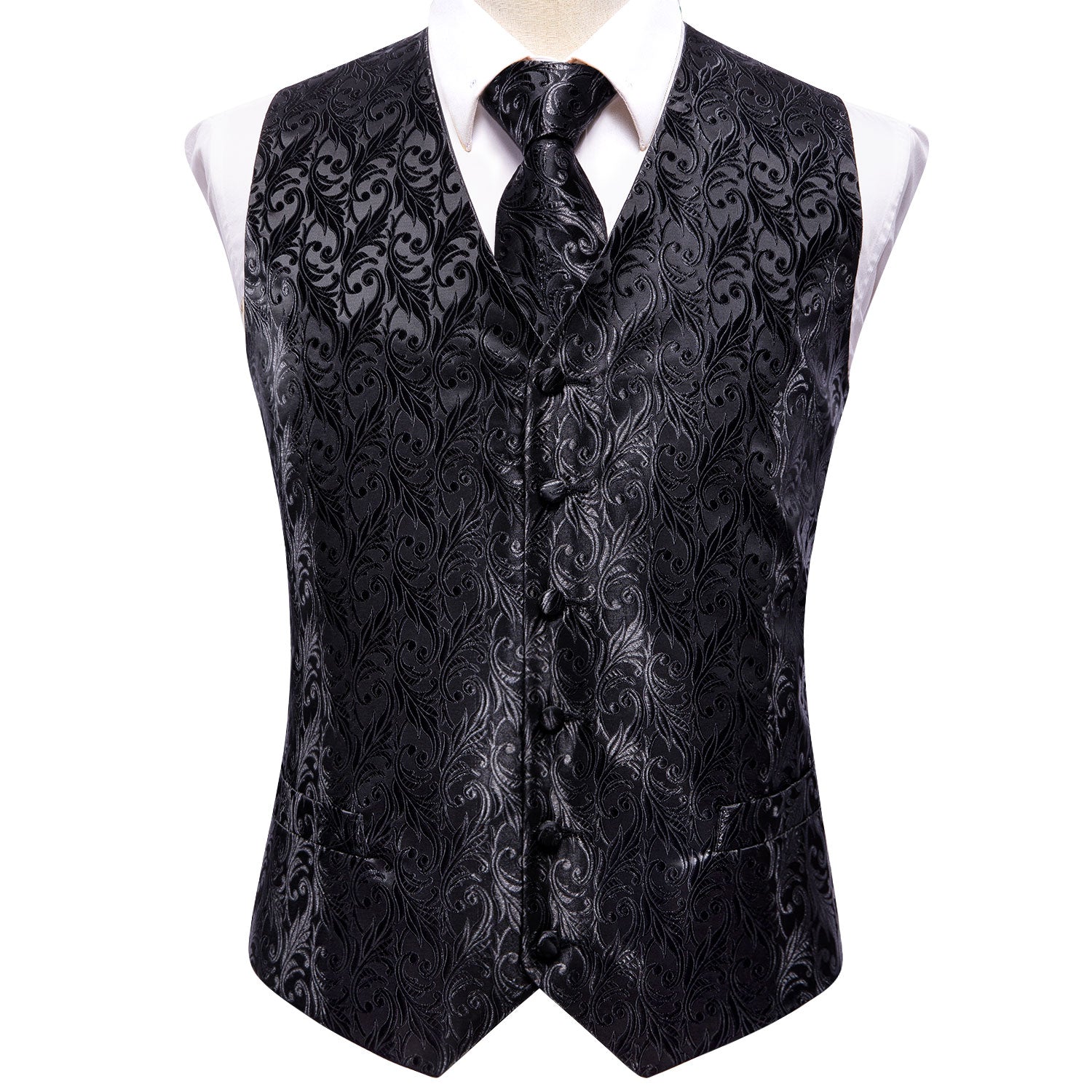 Black Leaves Silk Mens Waistcoat Hanky Cufflinks Necktie Set