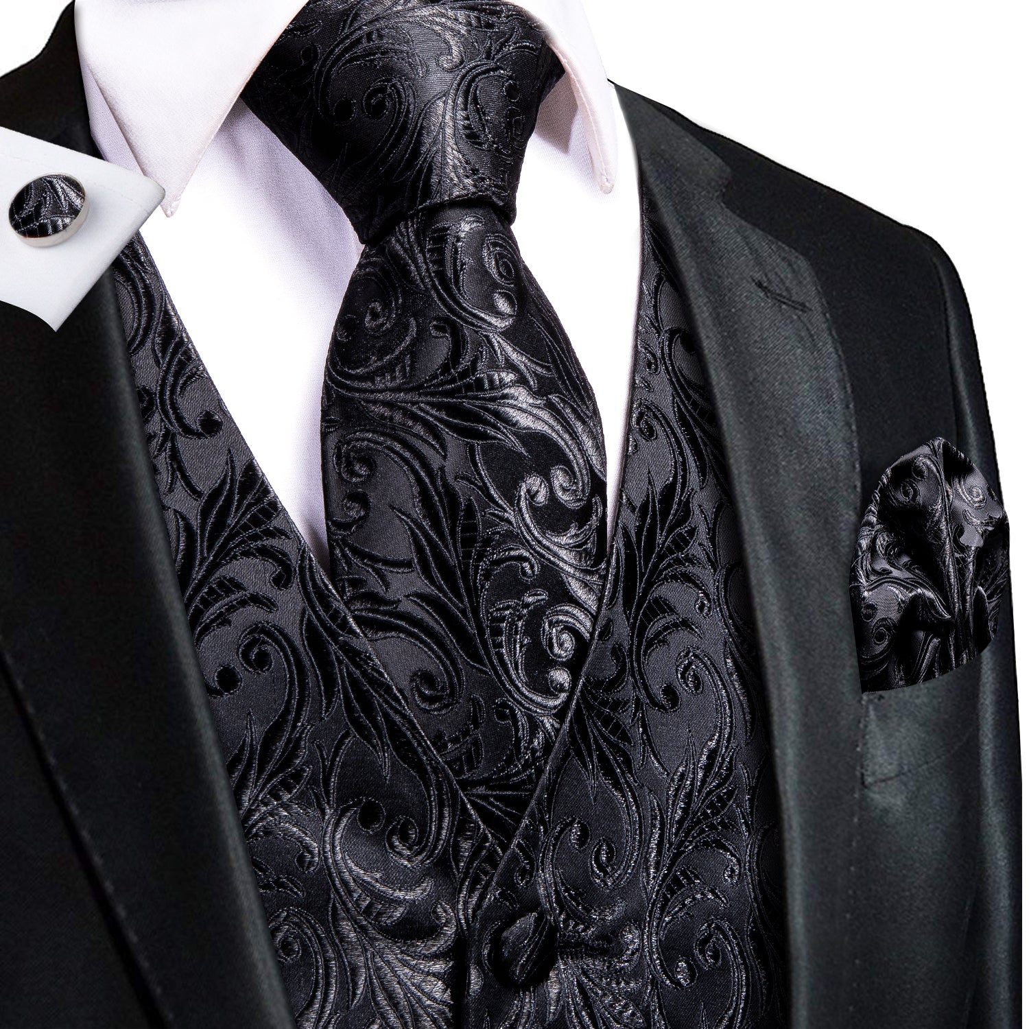 Black Leaves Silk Men's Vest Hanky Cufflinks Tie Set Waistcoat Suit Set