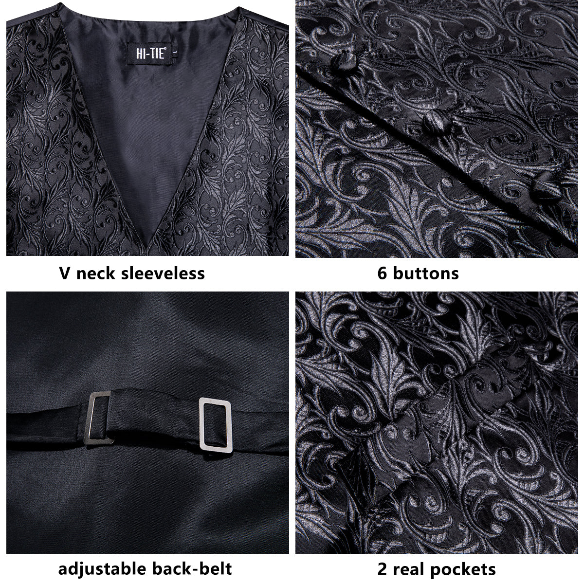 Black Leaves Silk Mens Waistcoat Hanky Cufflinks Necktie Set