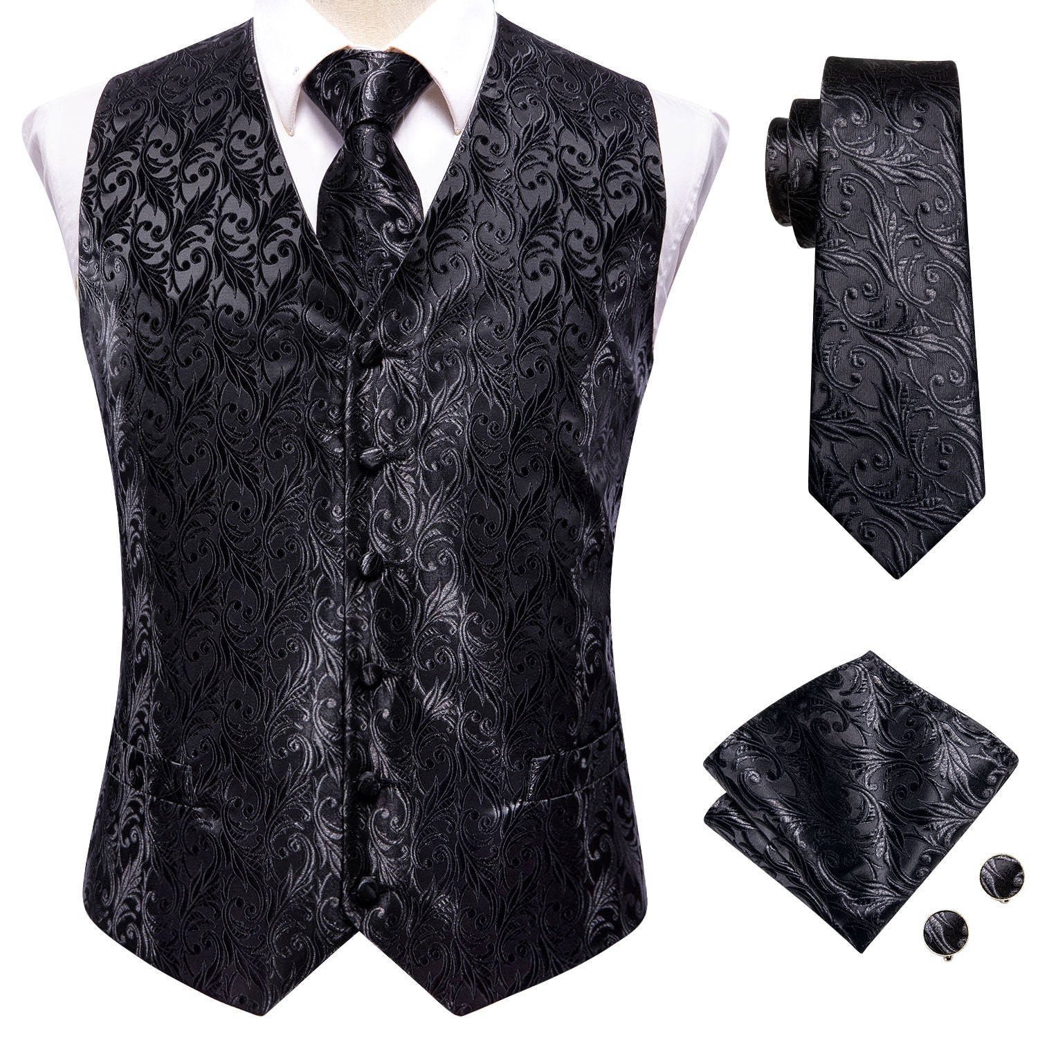 Black Leaves Silk Mens Waistcoat Hanky Cufflinks Necktie Set