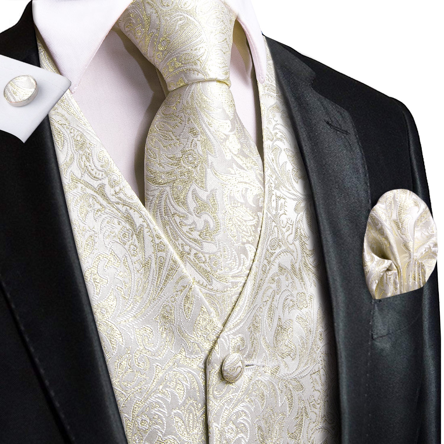 Champagne Paisley Silk Men's Vest Hanky Cufflinks Tie Set Waistcoat Suit Set