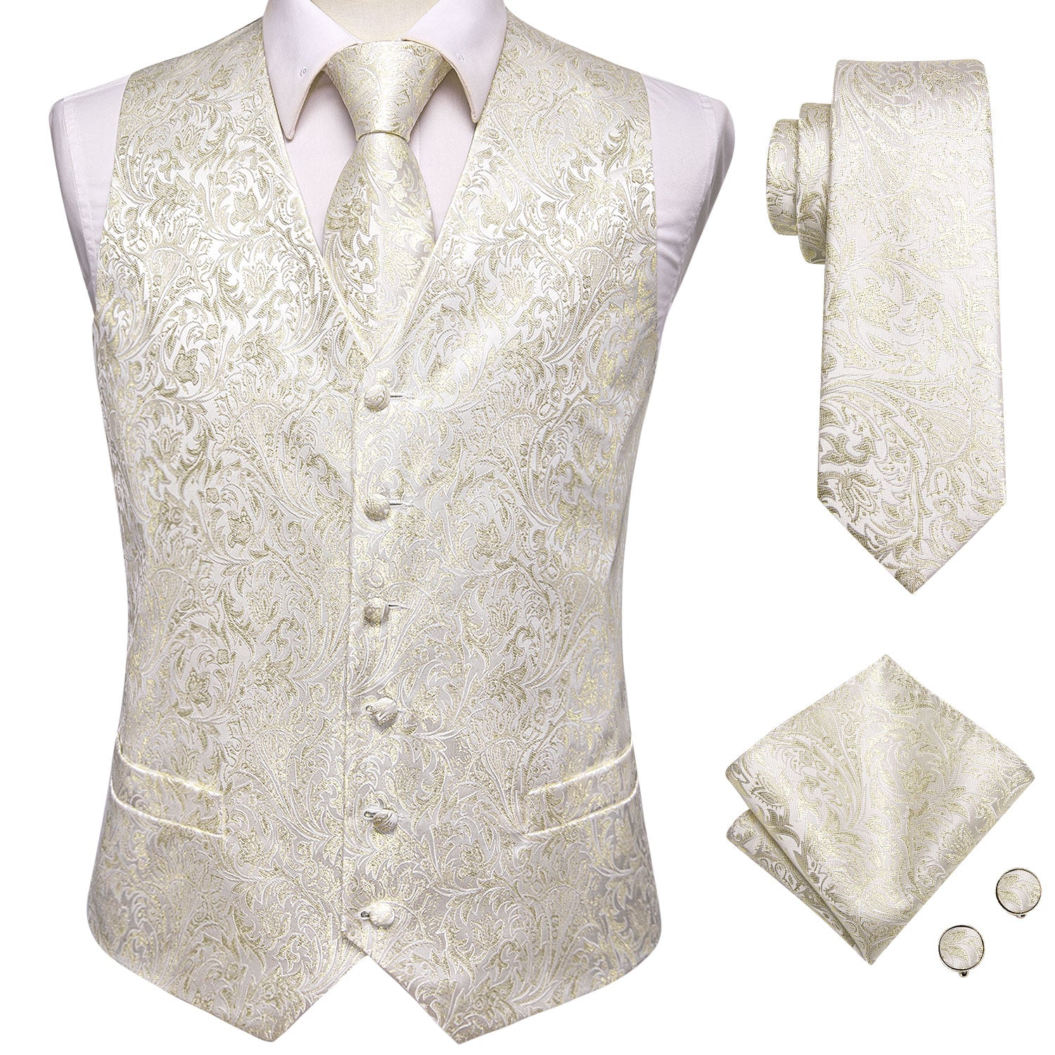 Champagne Paisley Silk Men's Vest Hanky Cufflinks Tie Set Waistcoat Suit Set