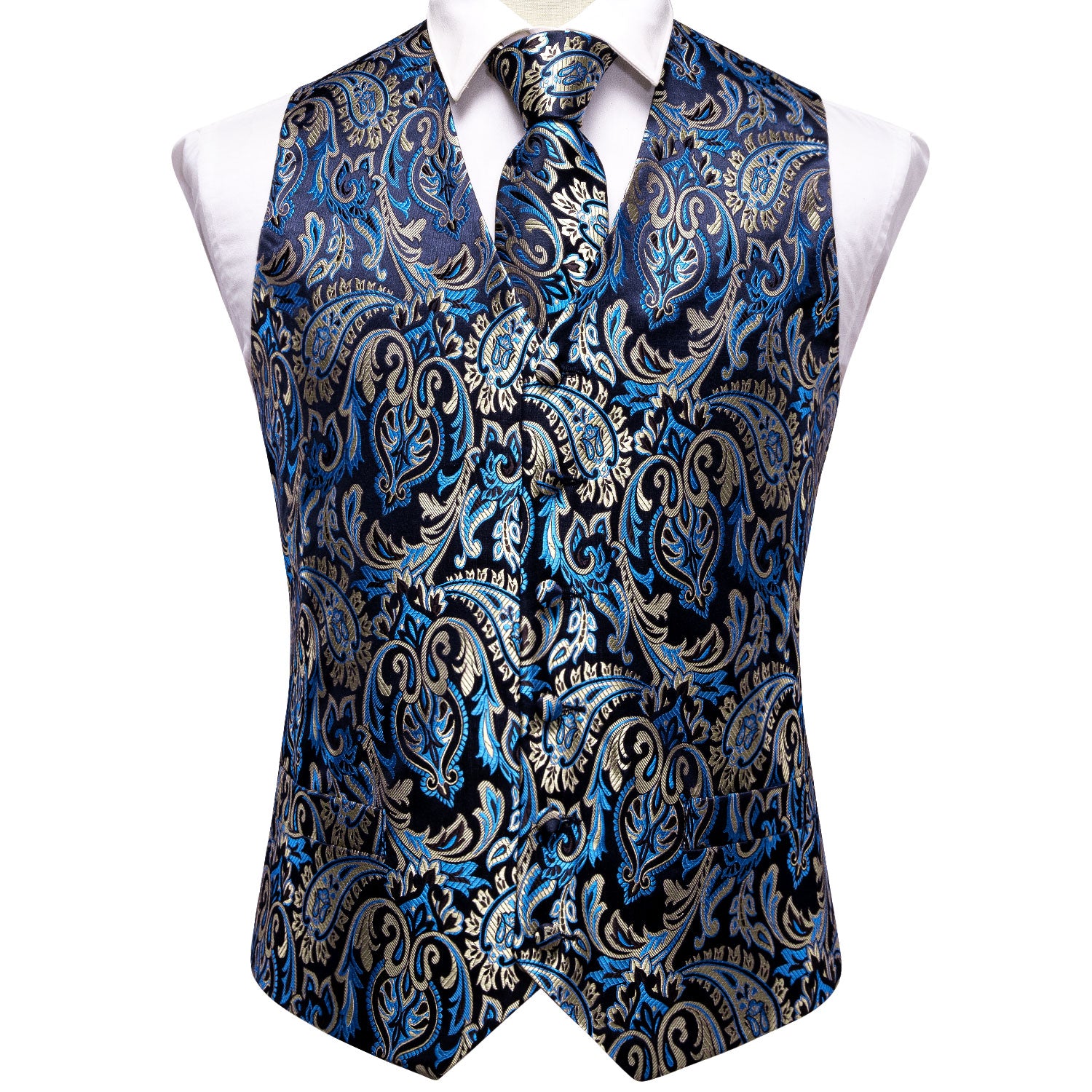 Dark Blue Champagne Paisley Silk Men's Vest Hanky Cufflinks Tie Set Waistcoat Suit Set