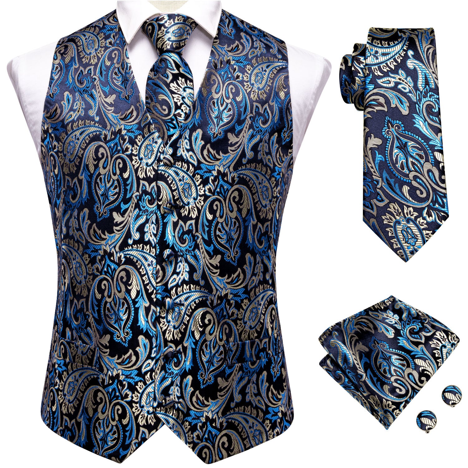 Dark Blue Champagne Paisley Silk Men's Vest Hanky Cufflinks Tie Set Waistcoat Suit Set