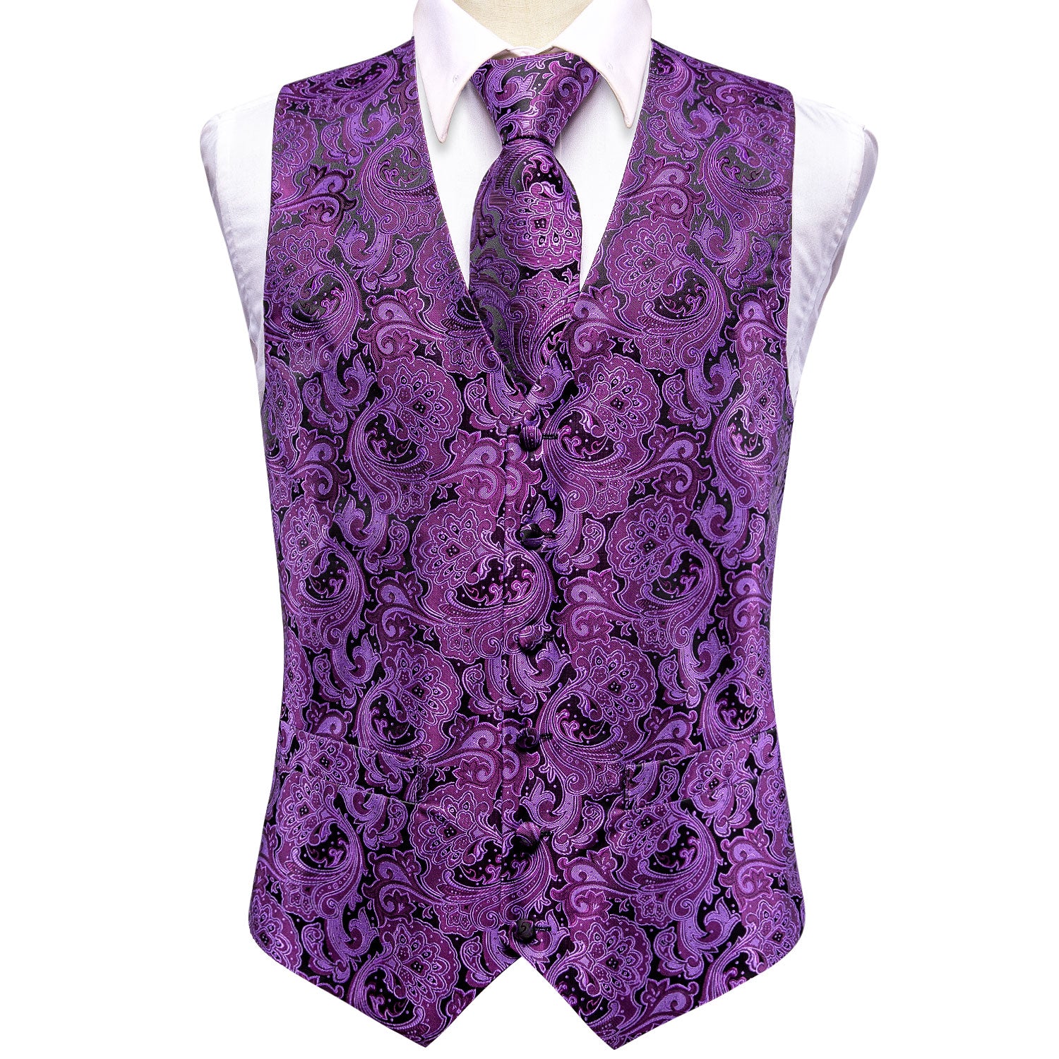 Black Purple Paisley Silk Men's Vest Hanky Cufflinks Tie Set Waistcoat Suit Set