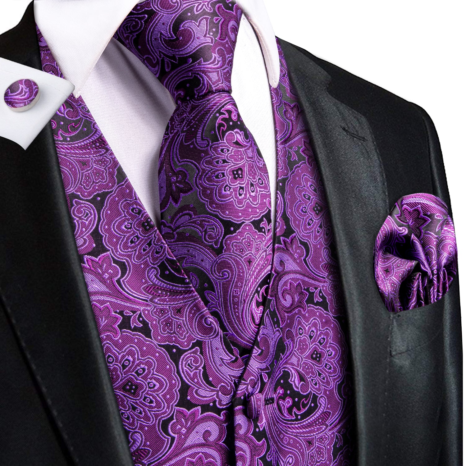 Black Purple Paisley Silk Men's Vest Hanky Cufflinks Tie Set Waistcoat Suit Set