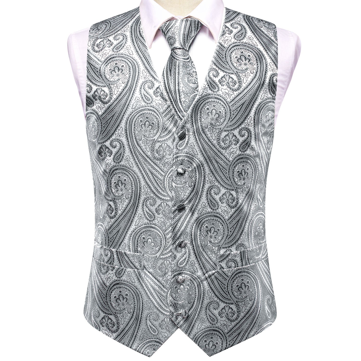 Grey Silver Paisley Silk Men's Vest Hanky Cufflinks Tie Set Waistcoat Suit Set