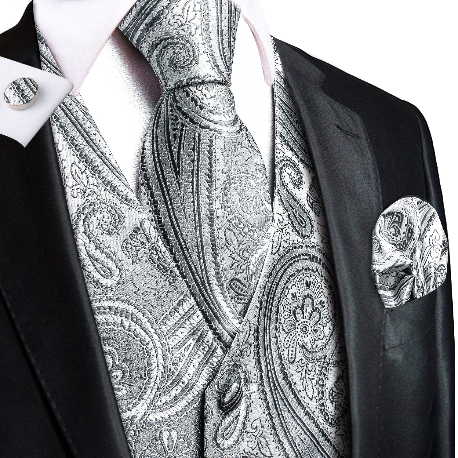 Grey Silver Paisley Silk Men's Vest Hanky Cufflinks Tie Set Waistcoat Suit Set