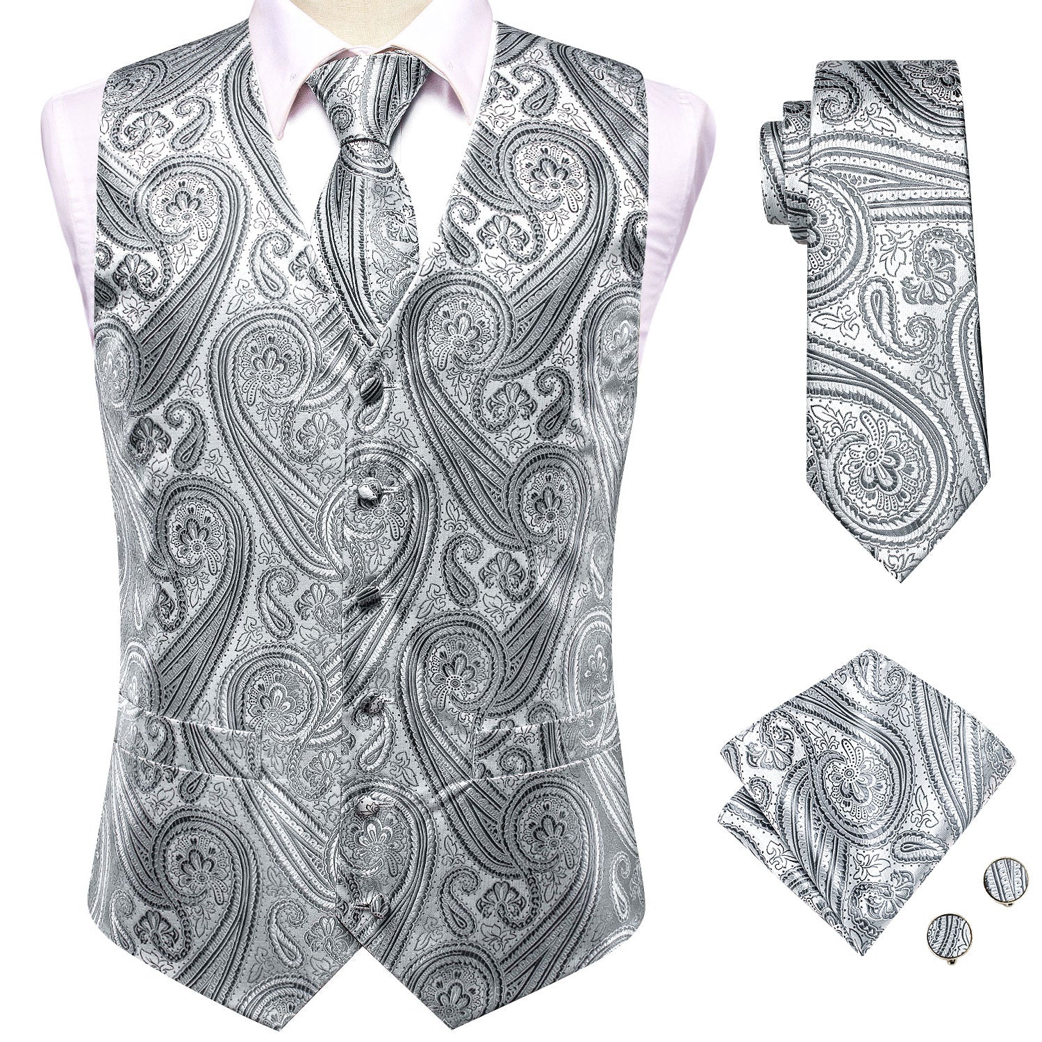 Grey Silver Paisley Silk Men's Vest Hanky Cufflinks Tie Set Waistcoat Suit Set