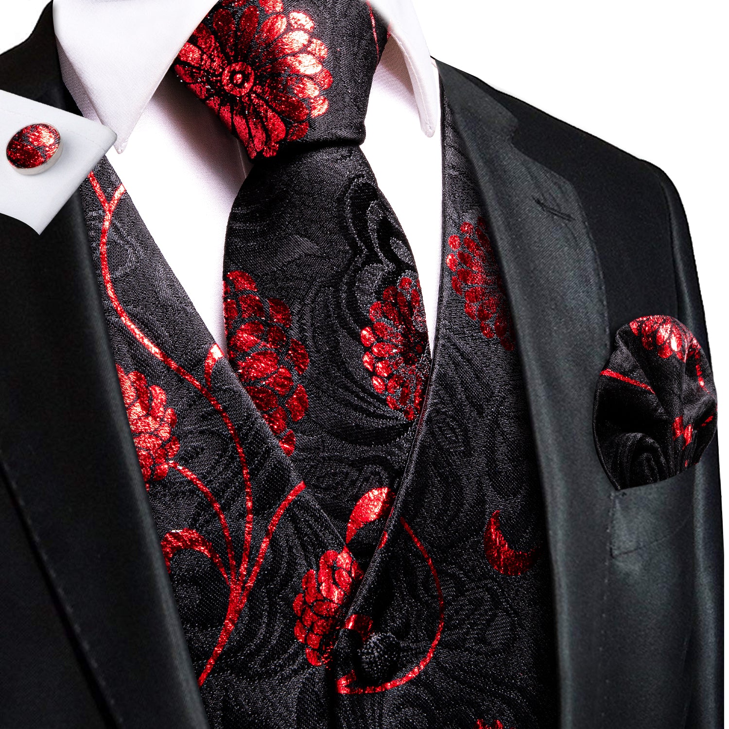 Black Red Floral Silk Men's Vest Hanky Cufflinks Tie Set Waistcoat Suit Set