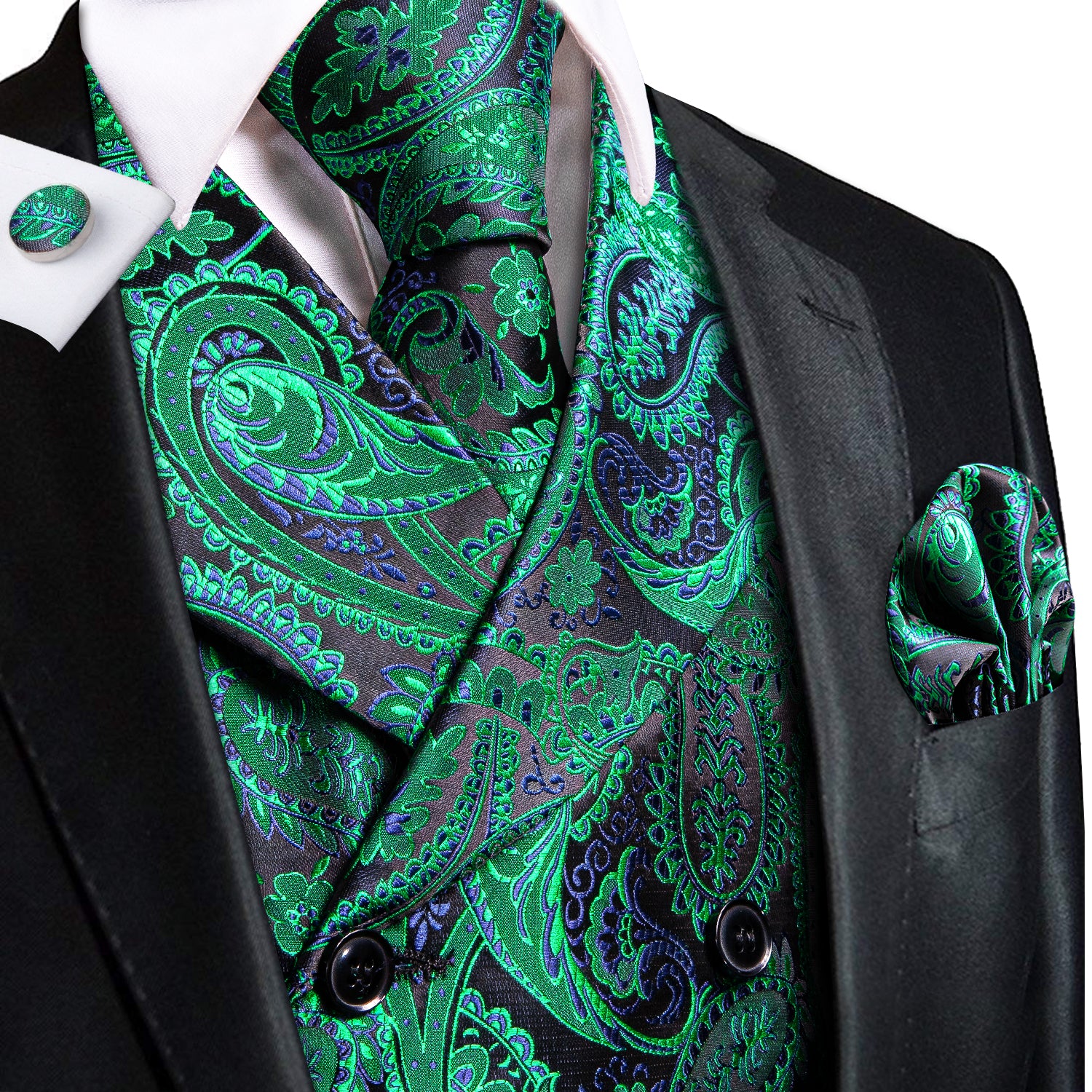 Green Purple Black Paisley Silk Men's Vest Hanky Cufflinks Tie Set Wai