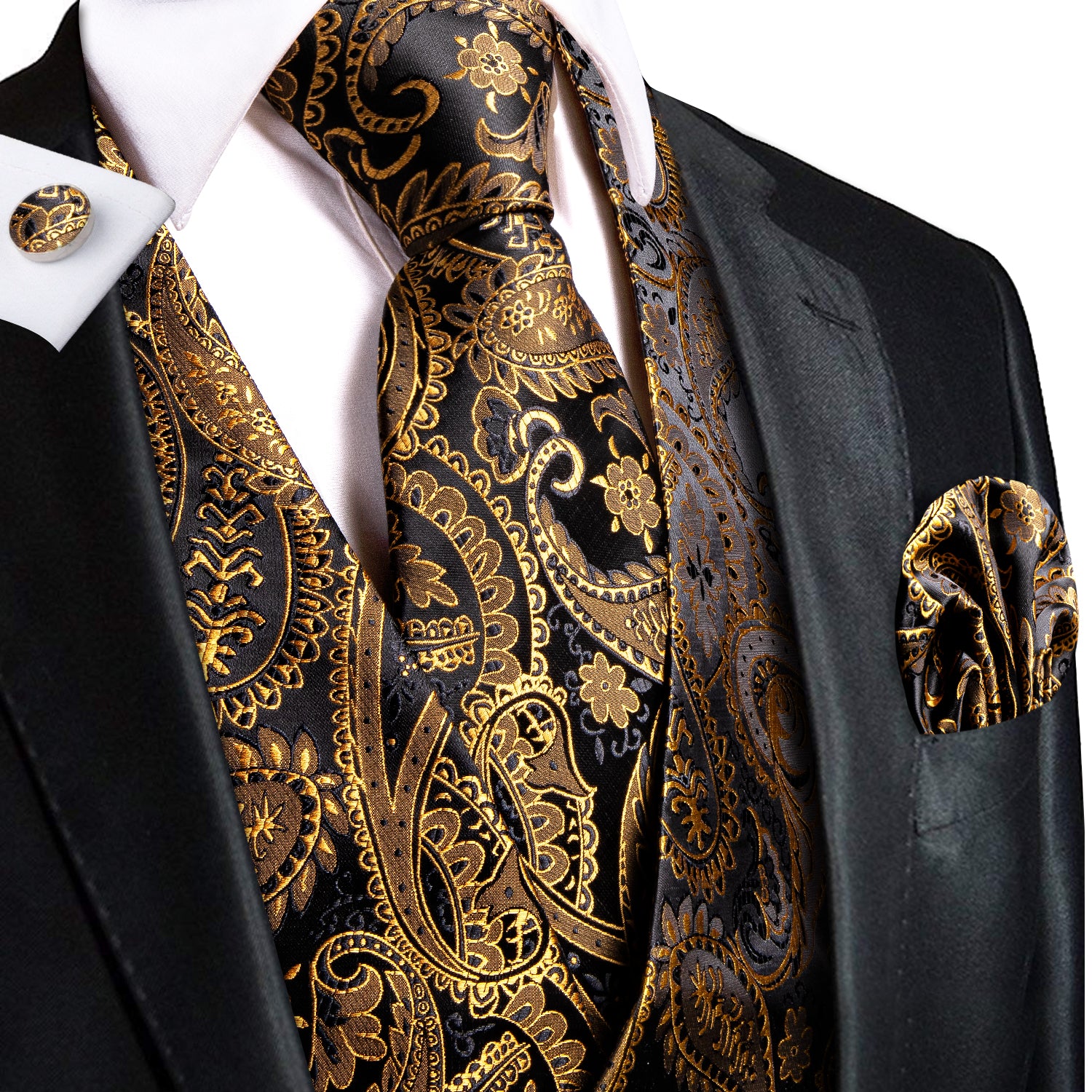 Black Golden Paisley Silk One Button V Neck Men's Vest Hanky Cufflinks Tie Set
