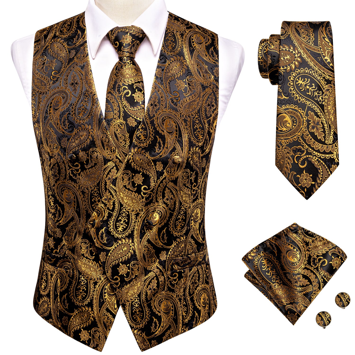 Black Golden Paisley Silk One Button V Neck Men's Vest Hanky Cufflinks Tie Set