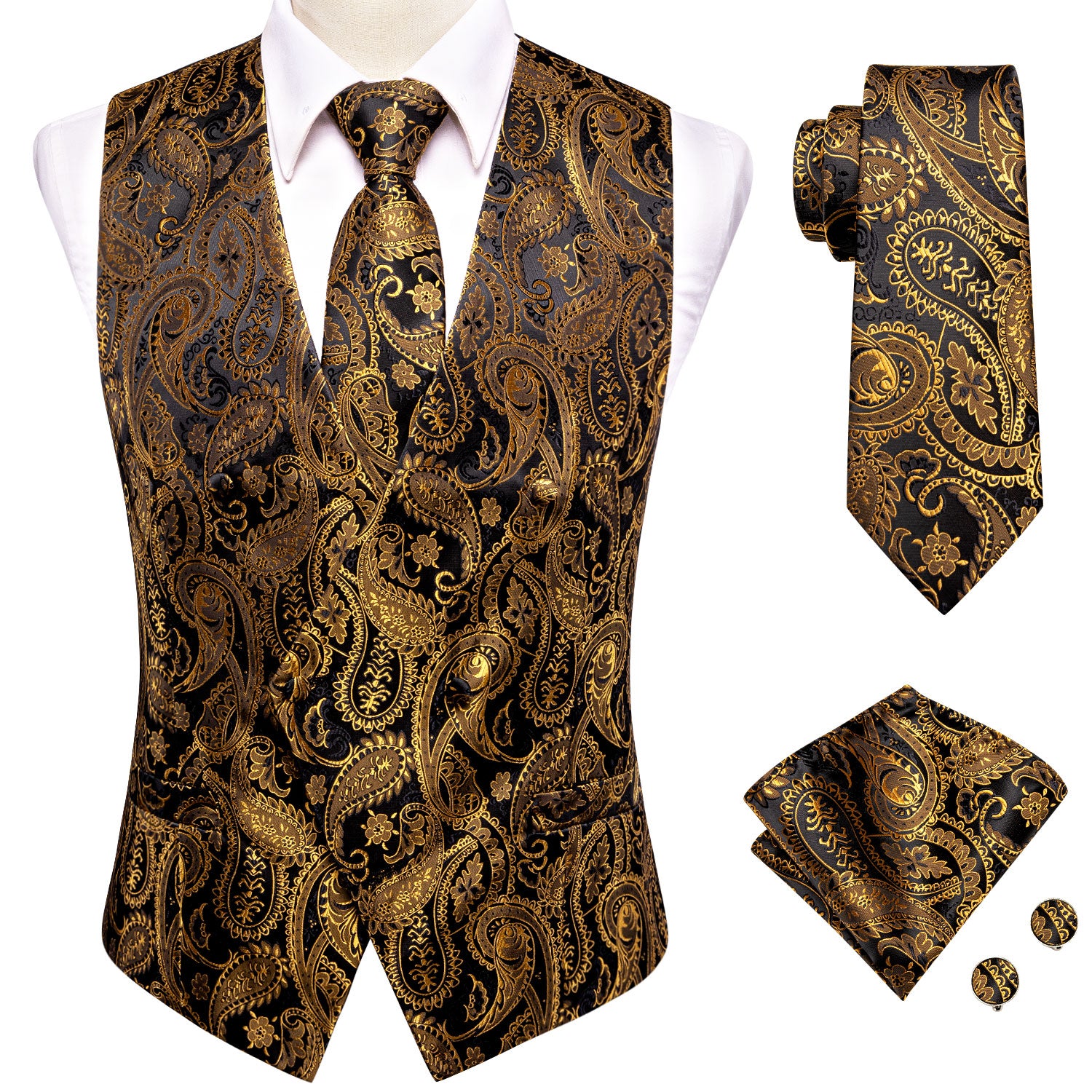 Black Golden Paisley Silk One Button V Neck Men's Vest Tie Set