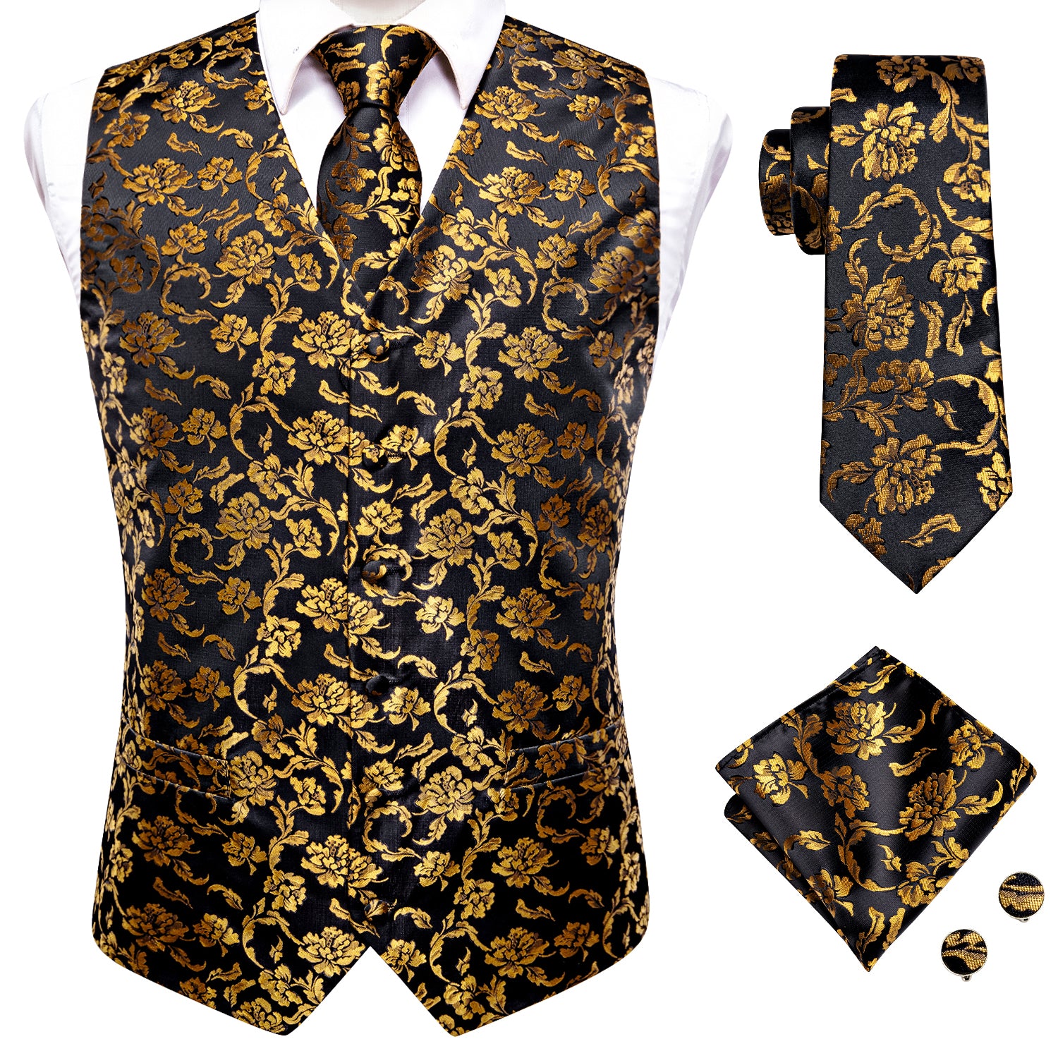 Black Golden Floral Silk Men's Vest Hanky Cufflinks Tie Set Waistcoat Suit Set
