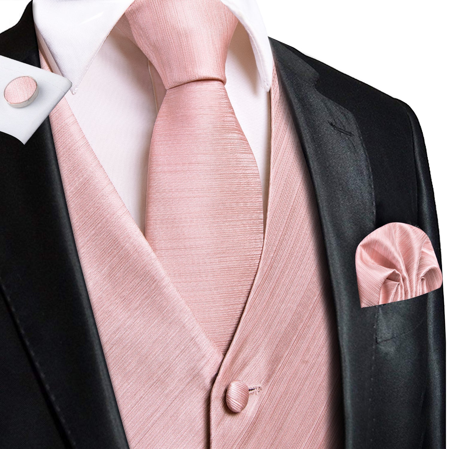 Baby Pink Solid Silk Men's Vest Hanky Cufflinks Tie Set Waistcoat Suit Set
