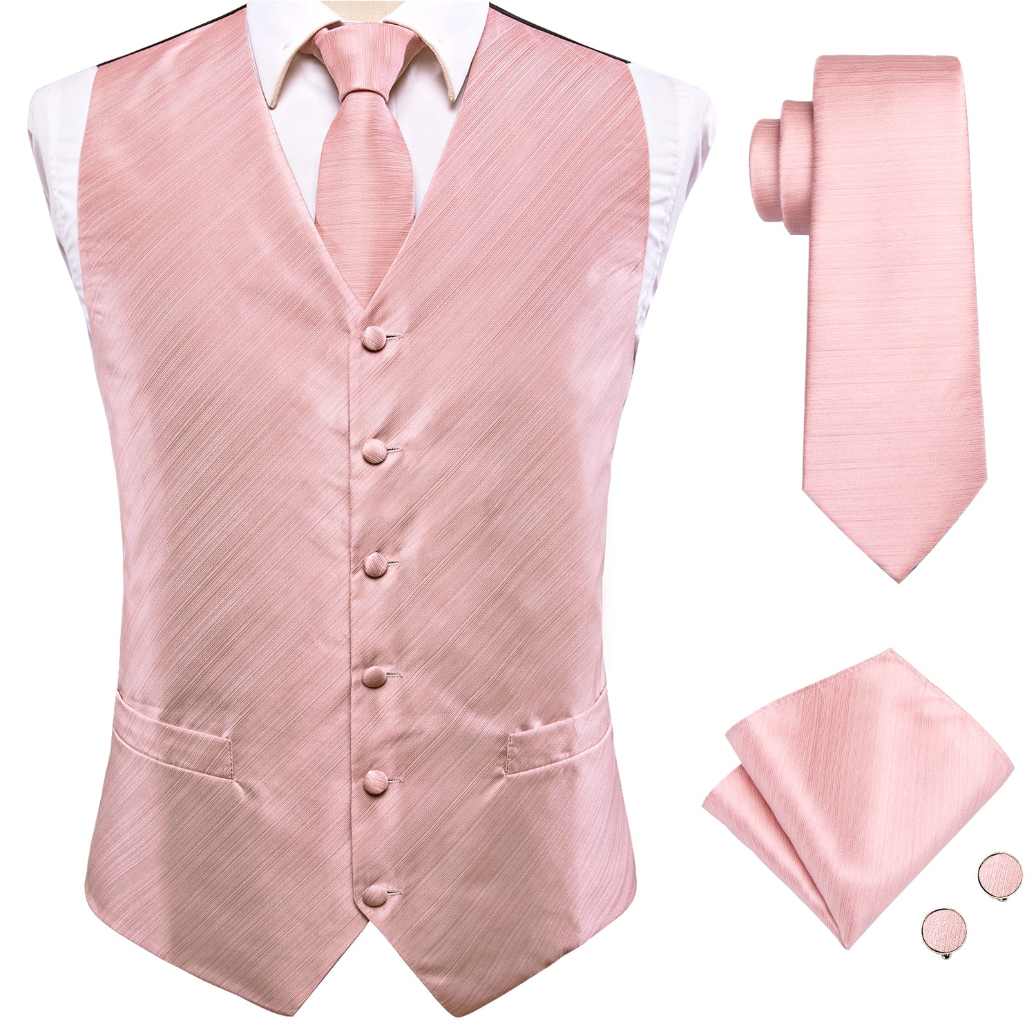 Baby Pink Solid Silk Men's Vest Hanky Cufflinks Tie Set Waistcoat Suit Set
