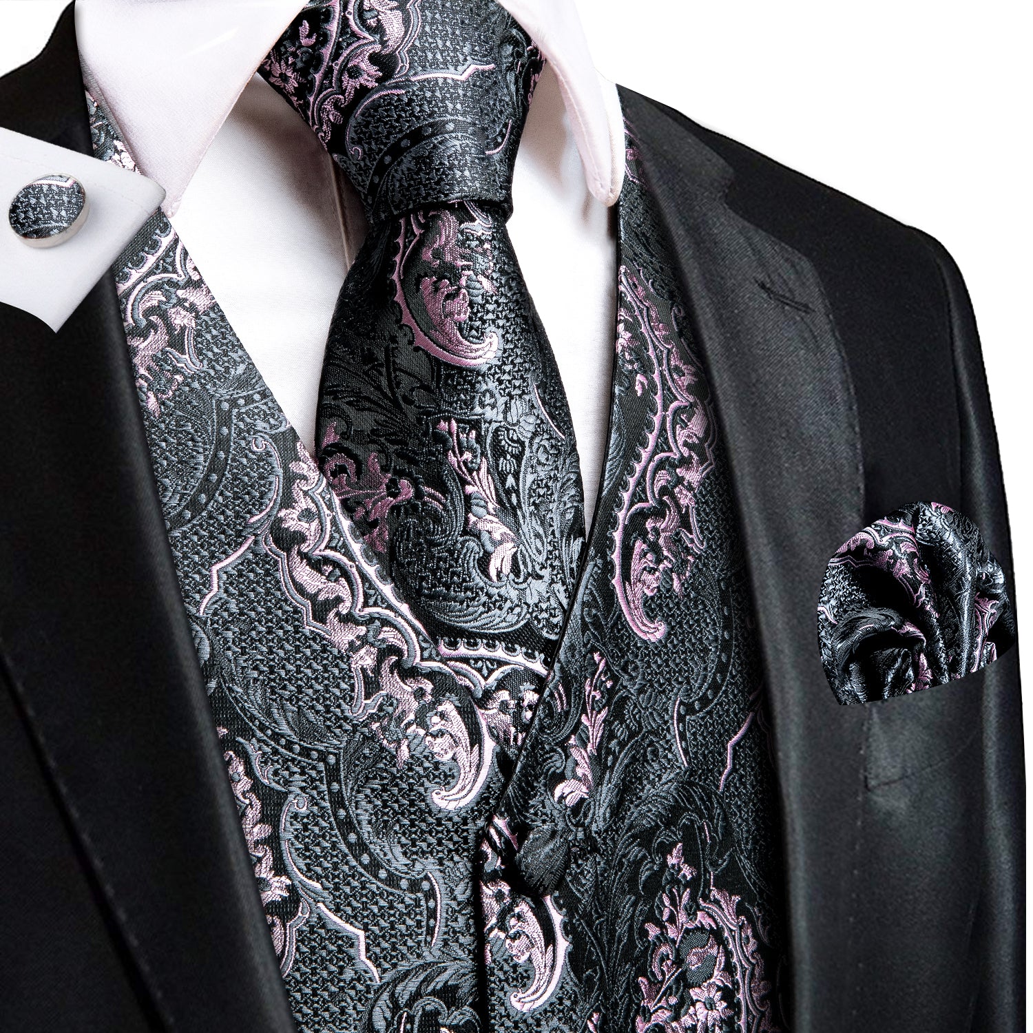 Grey Pink Paisley Silk Men's Vest Hanky Cufflinks Tie Set Waistcoat Suit Set