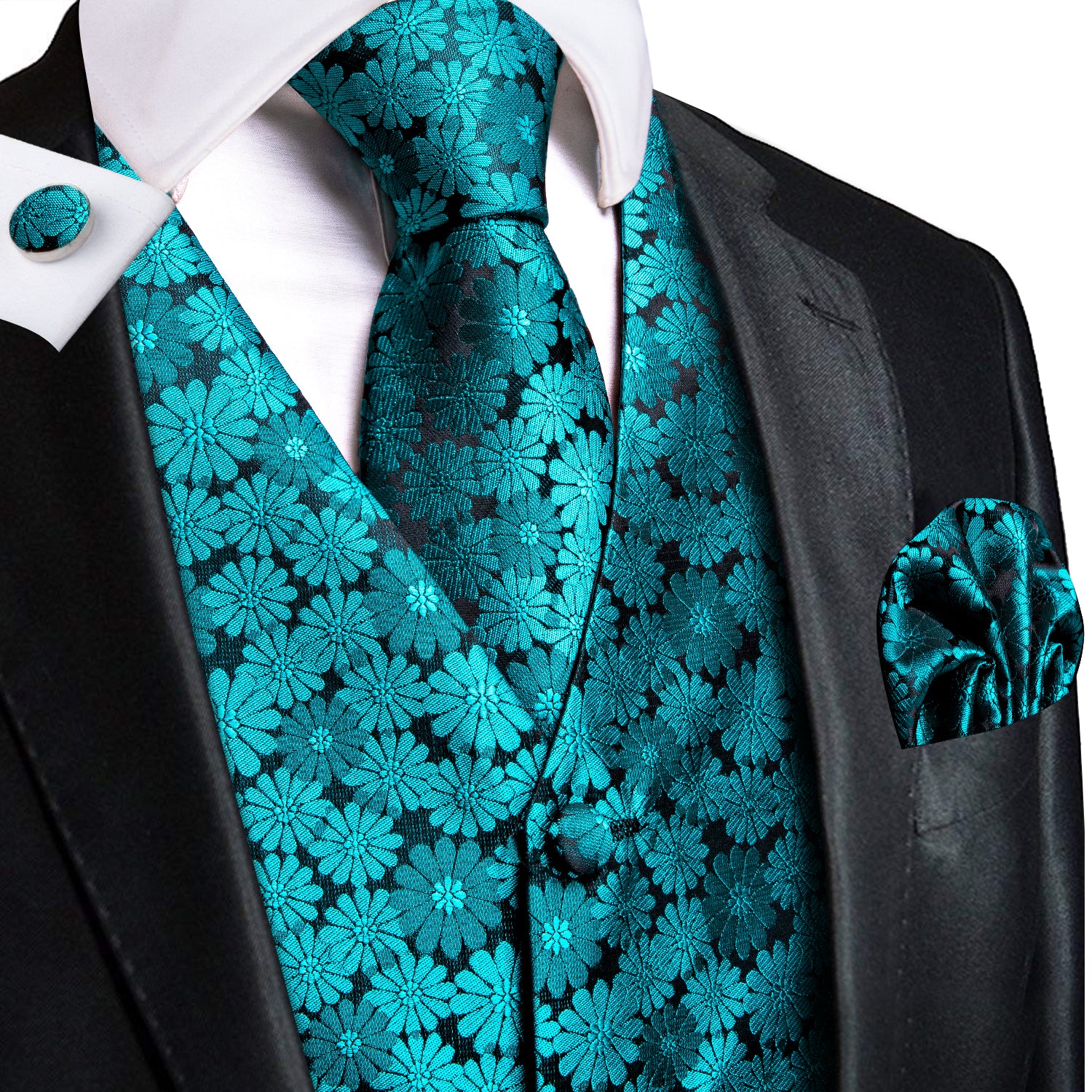 Blue Green Floral Silk Men's Vest Hanky Cufflinks Tie Set Waistcoat Su