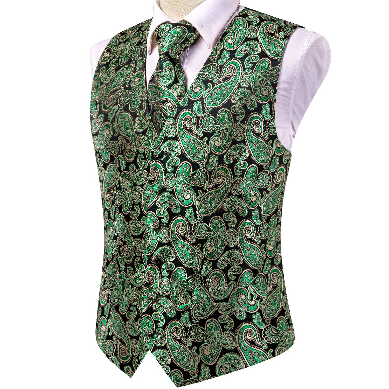 Classic Emerald Green Paisley Silk Men's Vest Hanky Cufflinks Tie Set Waistcoat Suit Set