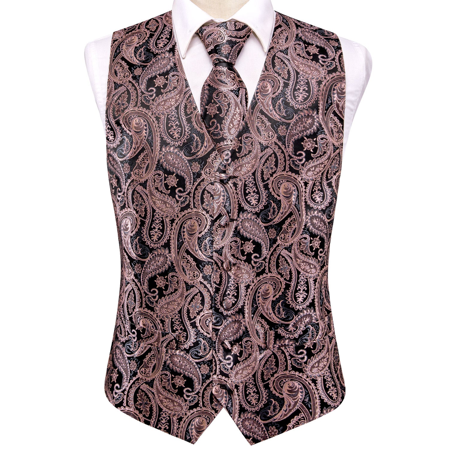 Black Coral Pink Paisley Silk Men Vest Hanky Cufflinks Tie Set