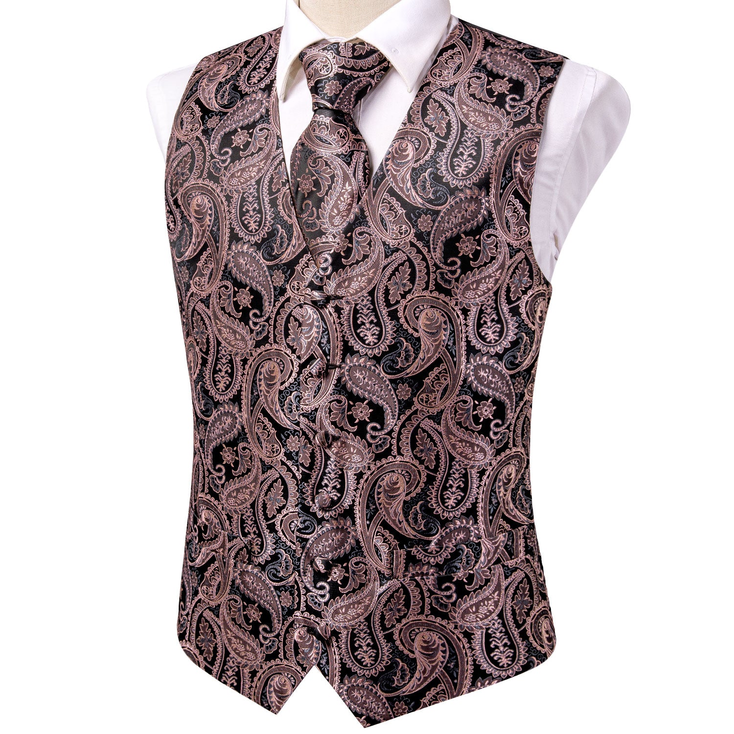 Black Coral Pink Paisley Silk Men Vest Hanky Cufflinks Tie Set