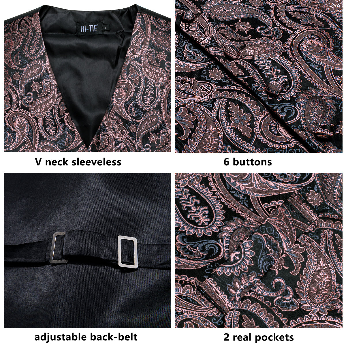 Black Coral Pink Paisley Silk Men Vest Hanky Cufflinks Tie Set