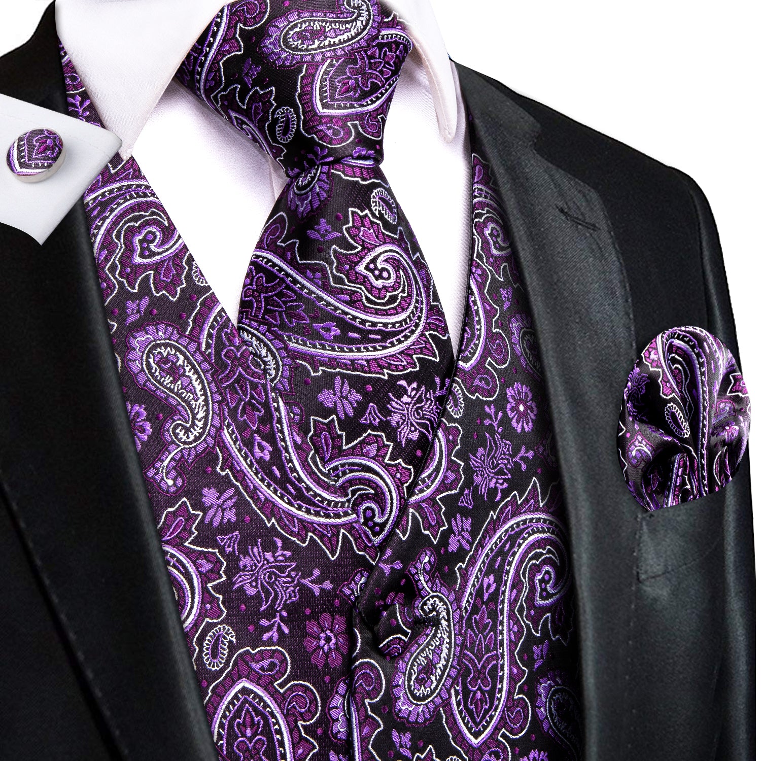 Purple Paisley Floral Silk Men's Vest Hanky Cufflinks Tie Set Waistcoat Suit Set