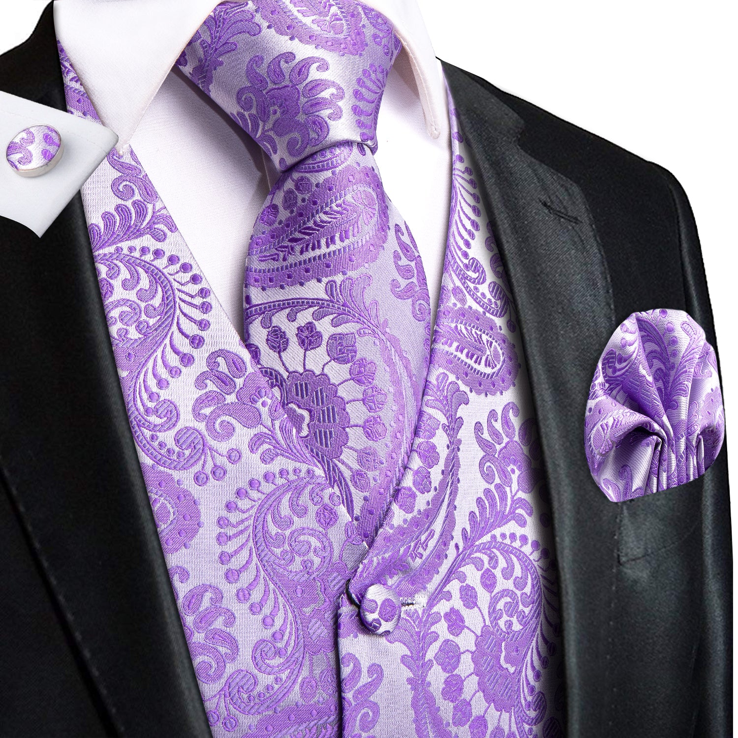 Silver Purple Paisley Silk Men's Vest Hanky Cufflinks Tie Set Waistcoat Suit Set