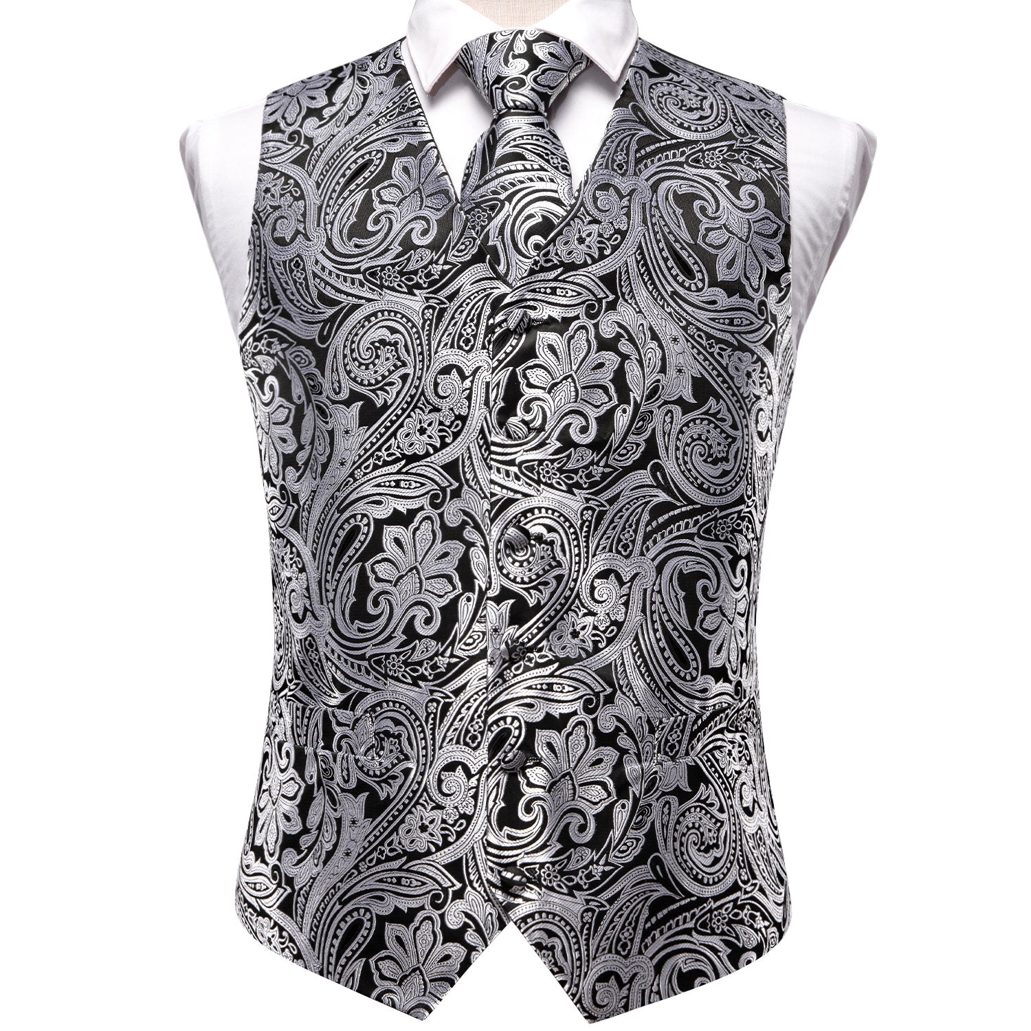 Classic Black Grey Paisley Silk Men's Vest Hanky Cufflinks Tie Set Waistcoat Suit Set