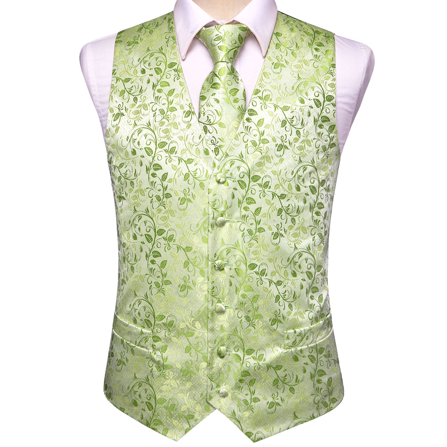 Light Green Leaves Silk Men's Vest Hanky Cufflinks Tie Set Waistcoat Suit Set