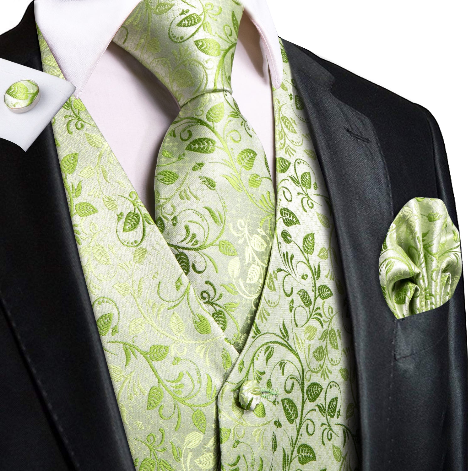 Light Green Leaves Silk Men's Vest Hanky Cufflinks Tie Set Waistcoat Suit Set, M