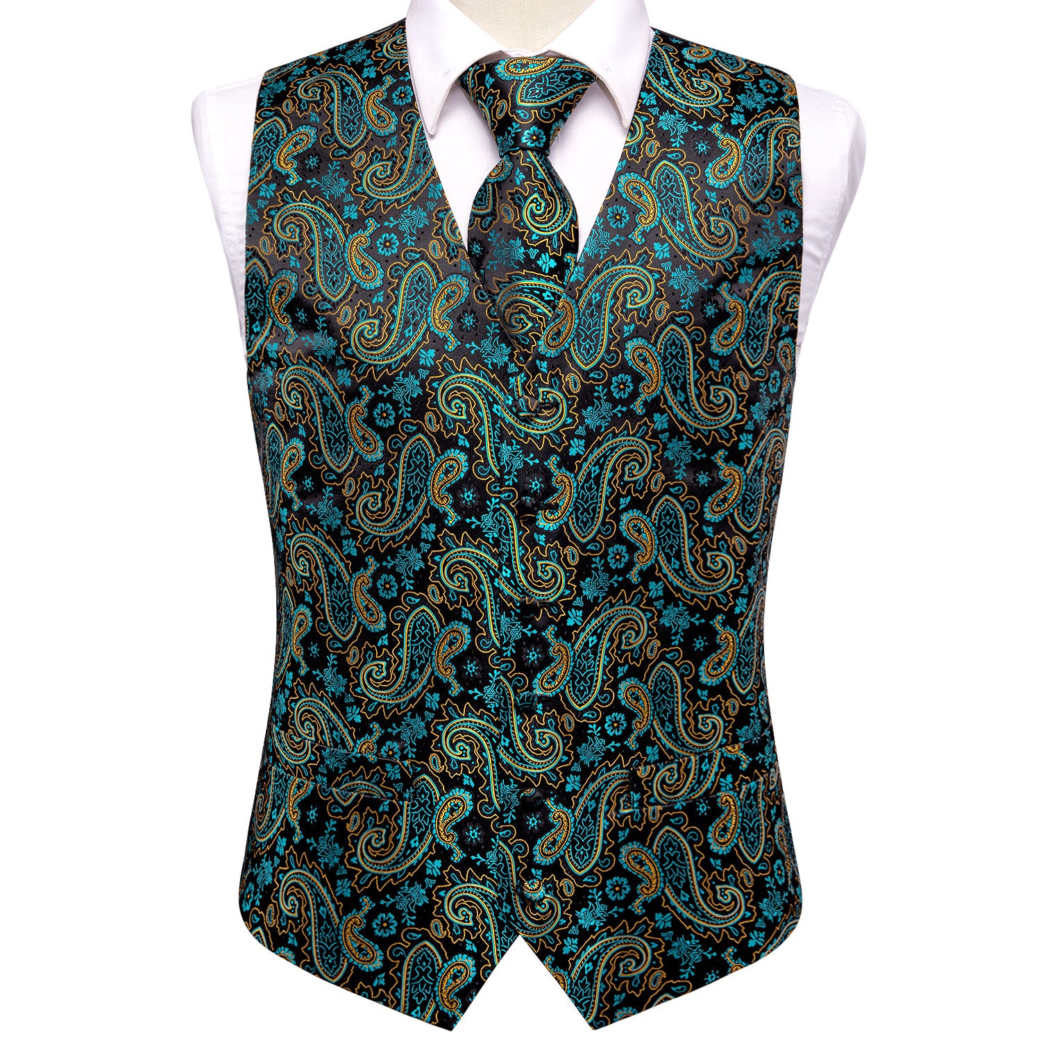 Teal Golden Paisley Silk Men's Vest Hanky Cufflinks Tie Set Waistcoat Suit Set