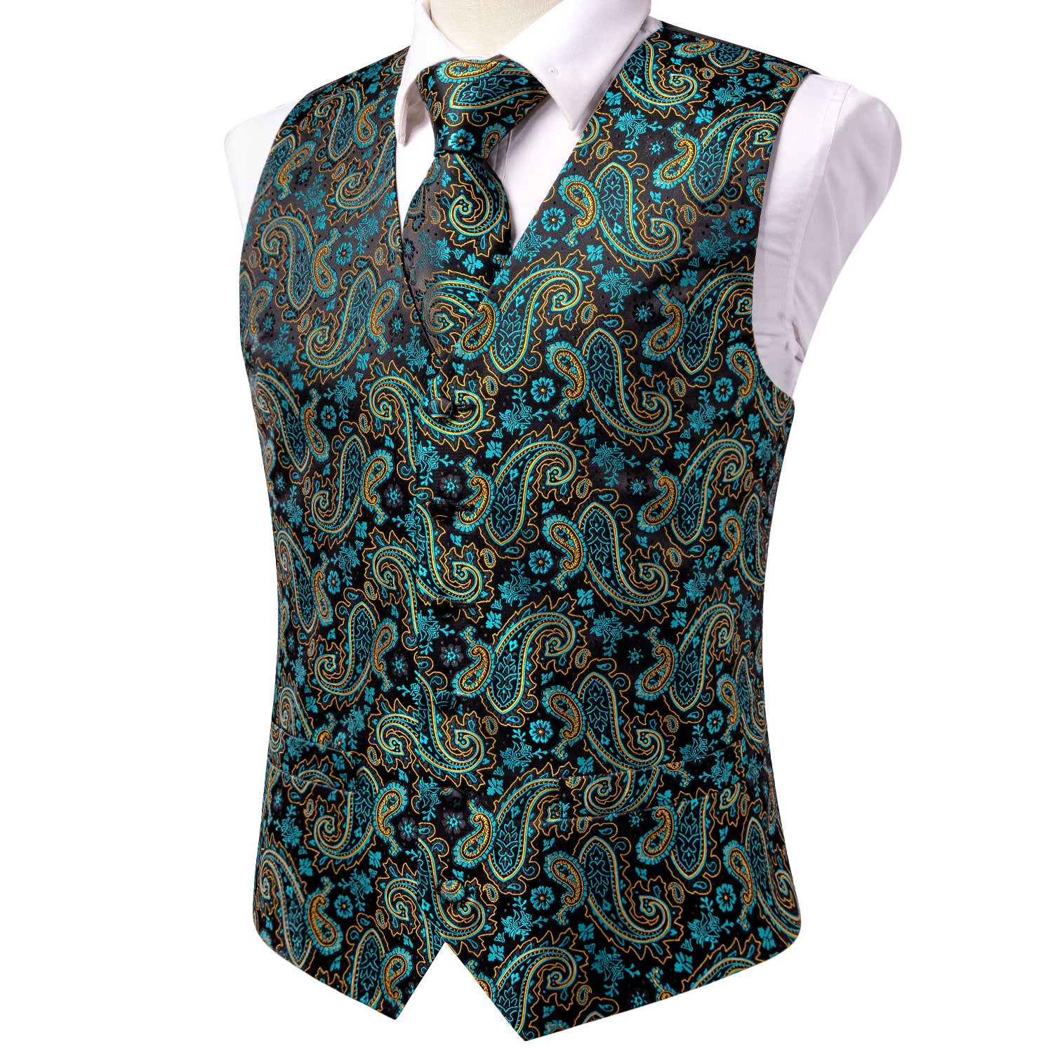 Teal Golden Paisley Silk Men's Vest Hanky Cufflinks Tie Set Waistcoat Suit Set