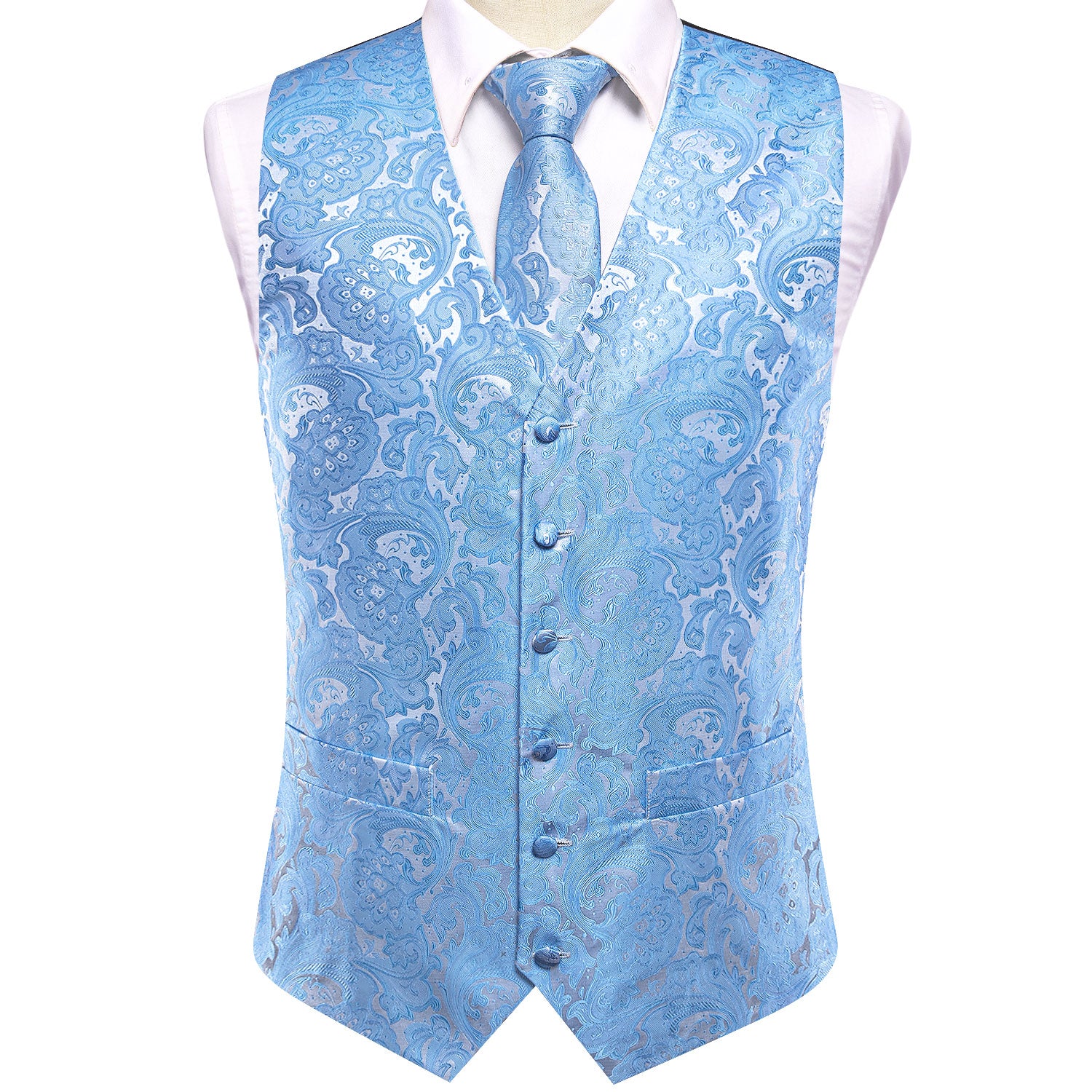 Baby Blue Paisley Silk Men's Vest Hanky Cufflinks Tie Set Waistcoat Suit Set