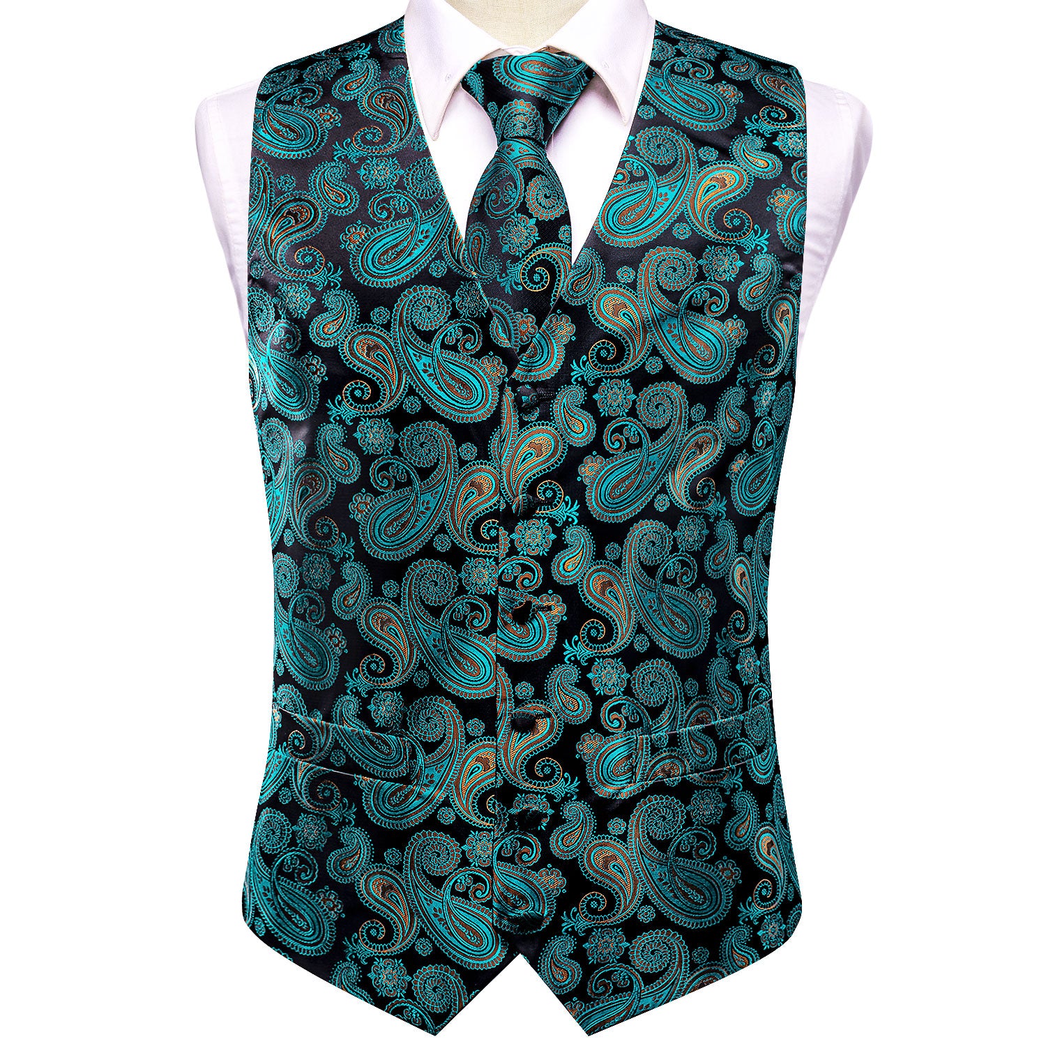 Teal Black Paisley Silk Mens V-Neck Vest Hanky Cufflinks Tie Set