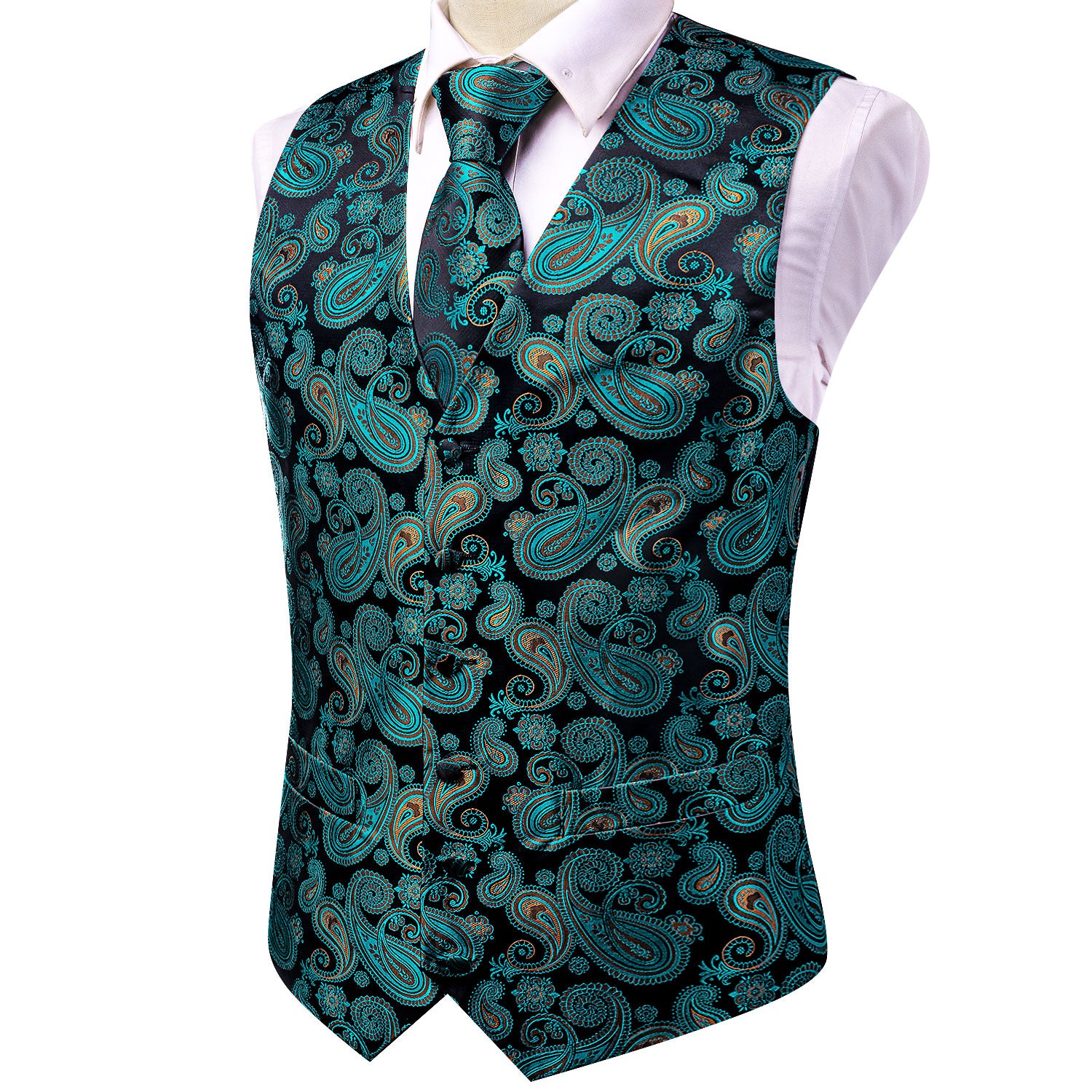 Teal Black Paisley Silk Mens V-Neck Vest Hanky Cufflinks Tie Set