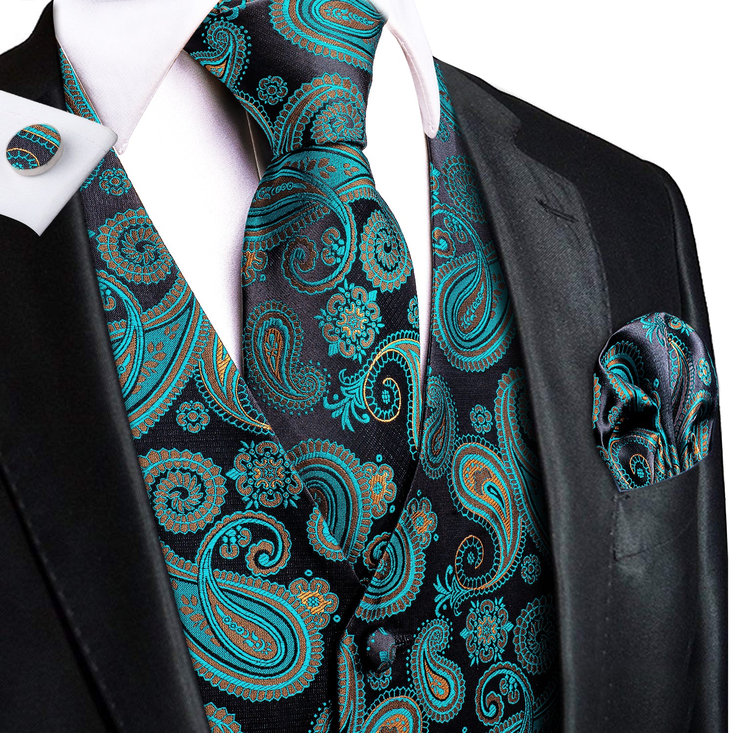 Teal Black Paisley Silk Mens V-Neck Vest Hanky Cufflinks Tie Set