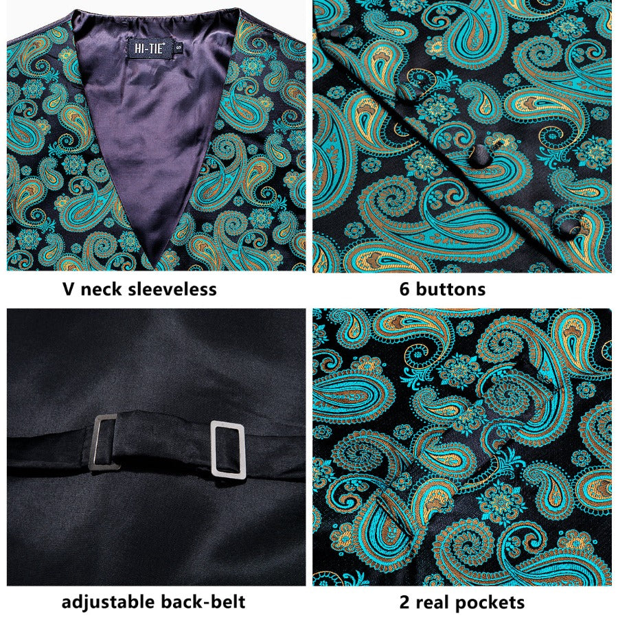Teal Black Paisley Silk Mens V-Neck Vest Hanky Cufflinks Tie Set