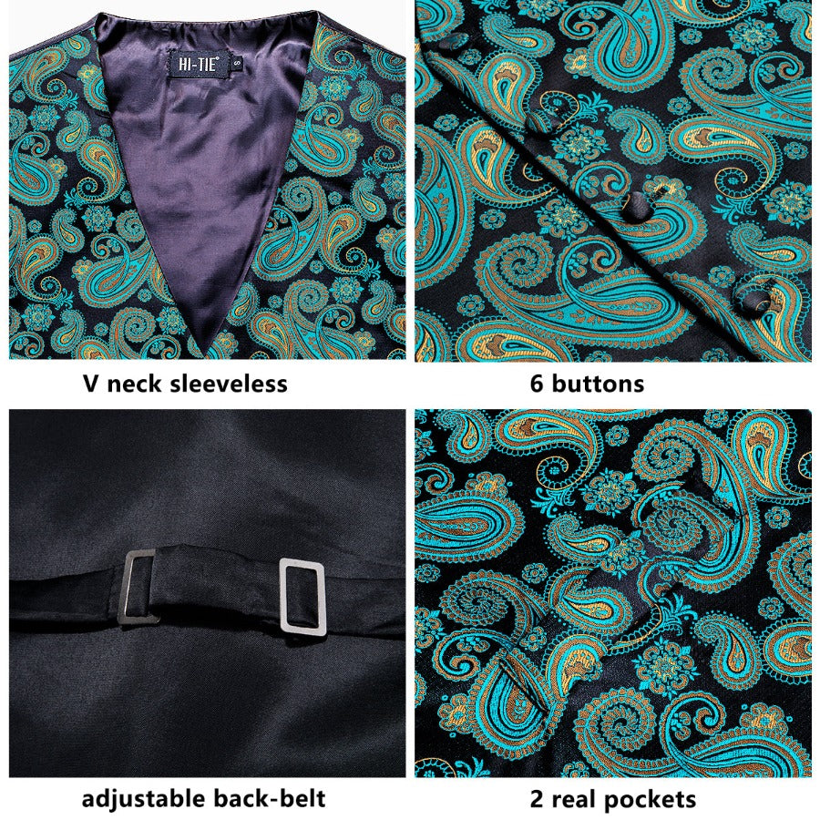 Black Teal Paisley Silk Men's Vest Hanky Cufflinks Tie Set Waistcoat Suit Set