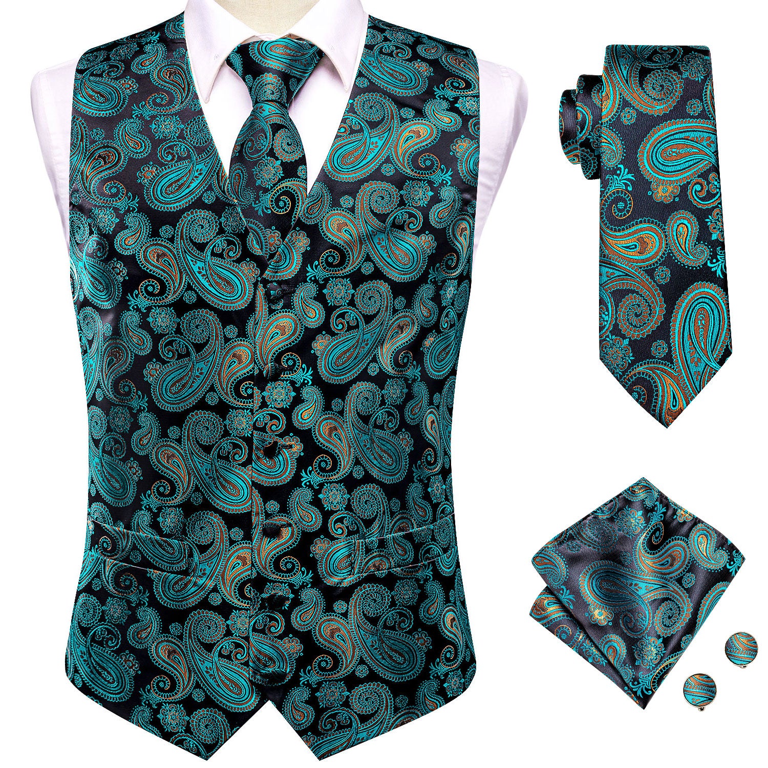 Teal Black Paisley Silk Mens V-Neck Vest Hanky Cufflinks Tie Set