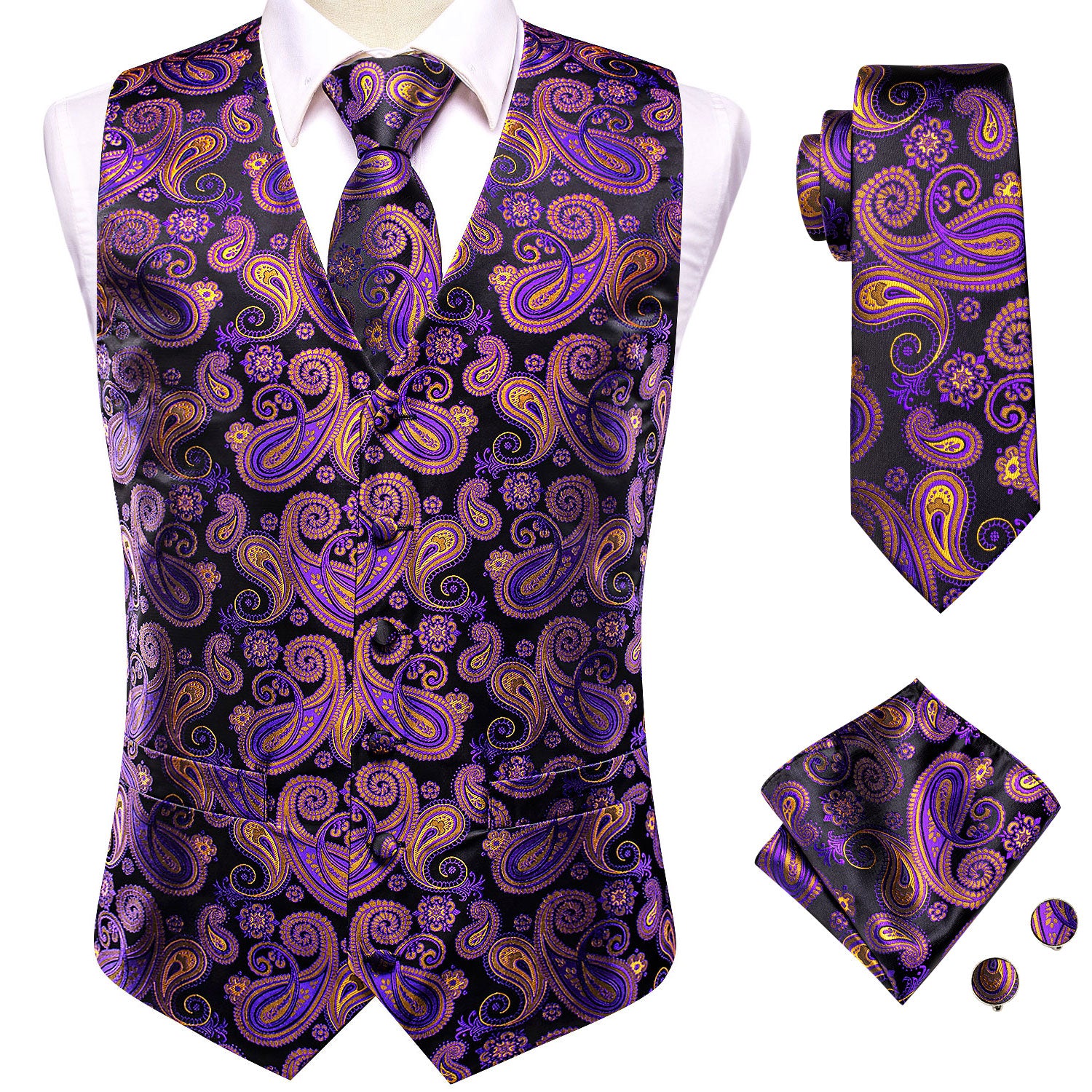 Black Purple Yellow Paisley Silk Men's Vest Hanky Cufflinks Tie Set Waistcoat Suit Set