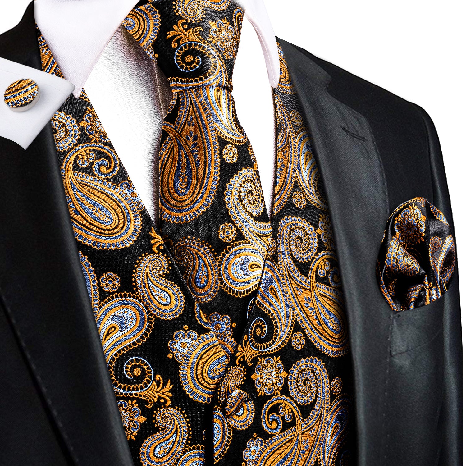 Black Blue Yellow Paisley Silk Men's Vest Hanky Cufflinks Tie Set Waistcoat Suit Set