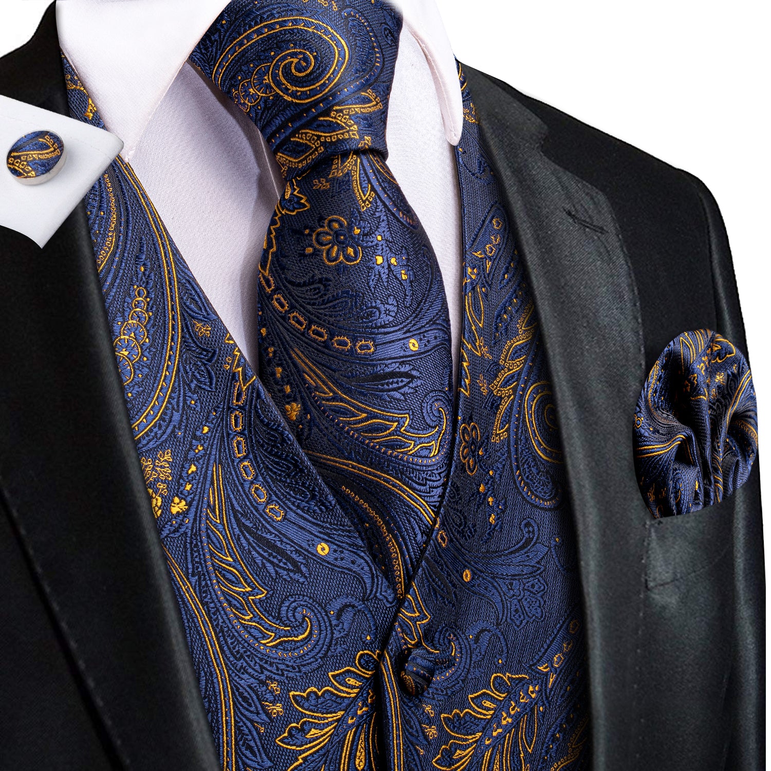 Navy Blue Golden Paisley Silk Men's Vest Hanky Cufflinks Tie Set Waistcoat Suit Set