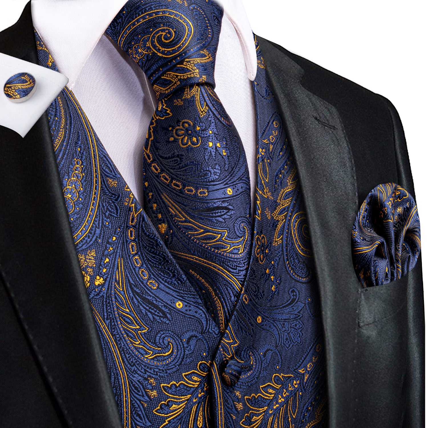 Navy Blue Golden Paisley Silk Men's Vest Hanky Cufflinks Tie Set Waistcoat Suit Set, 3XL Navy Blue Golden Paisley Silk Men's Vest Hanky Cufflinks Tie Set Waistcoat Suit Set, 3XL