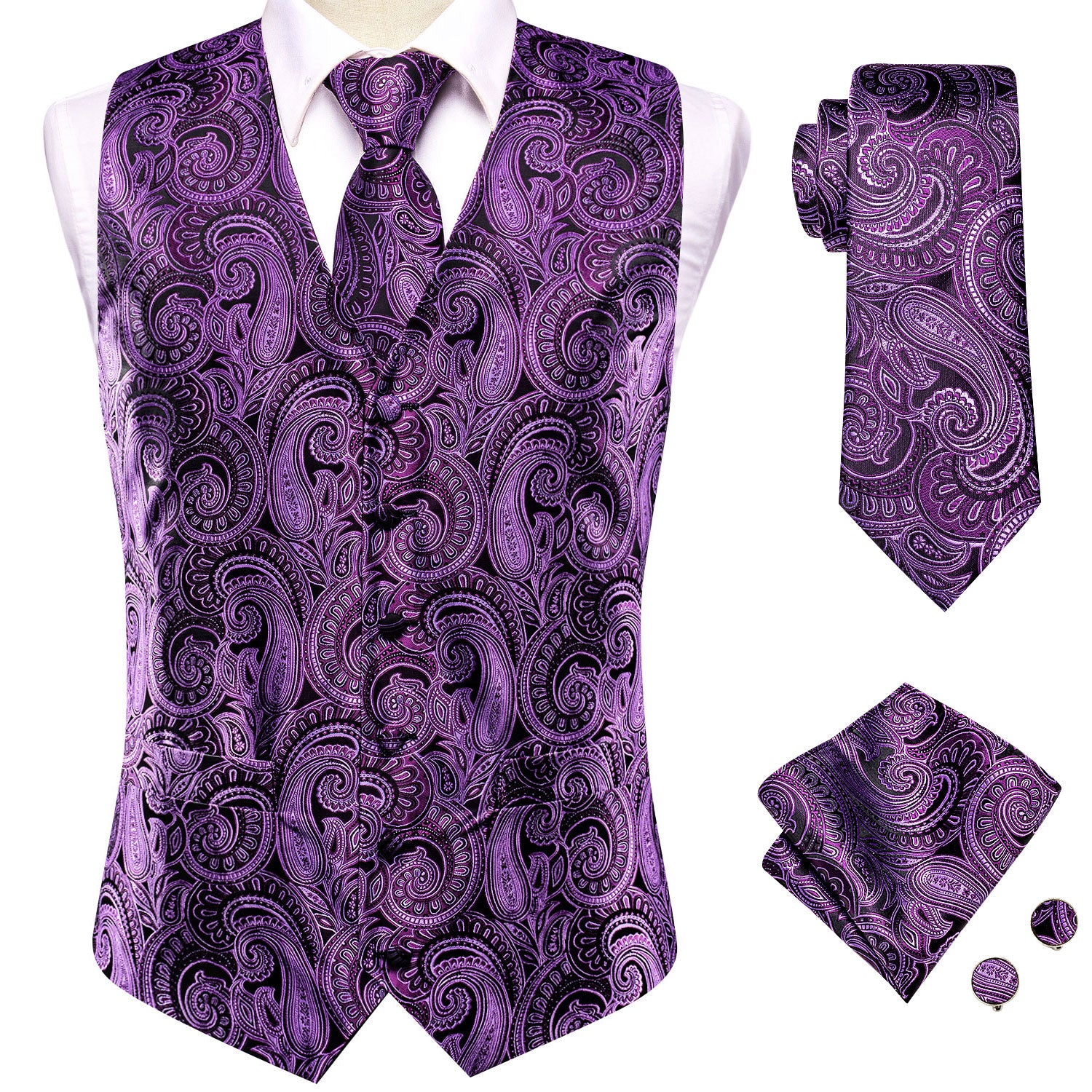 Dark Purple Paisley Silk Men's Vest Hanky Cufflinks Tie Set Waistcoat Suit Set
